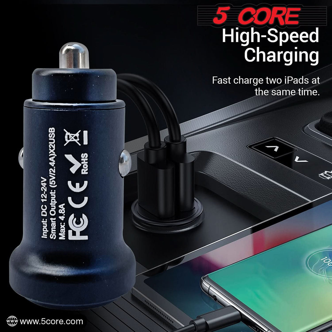 5 Core Dual USB Port Car Charger Adapter 12/24 V