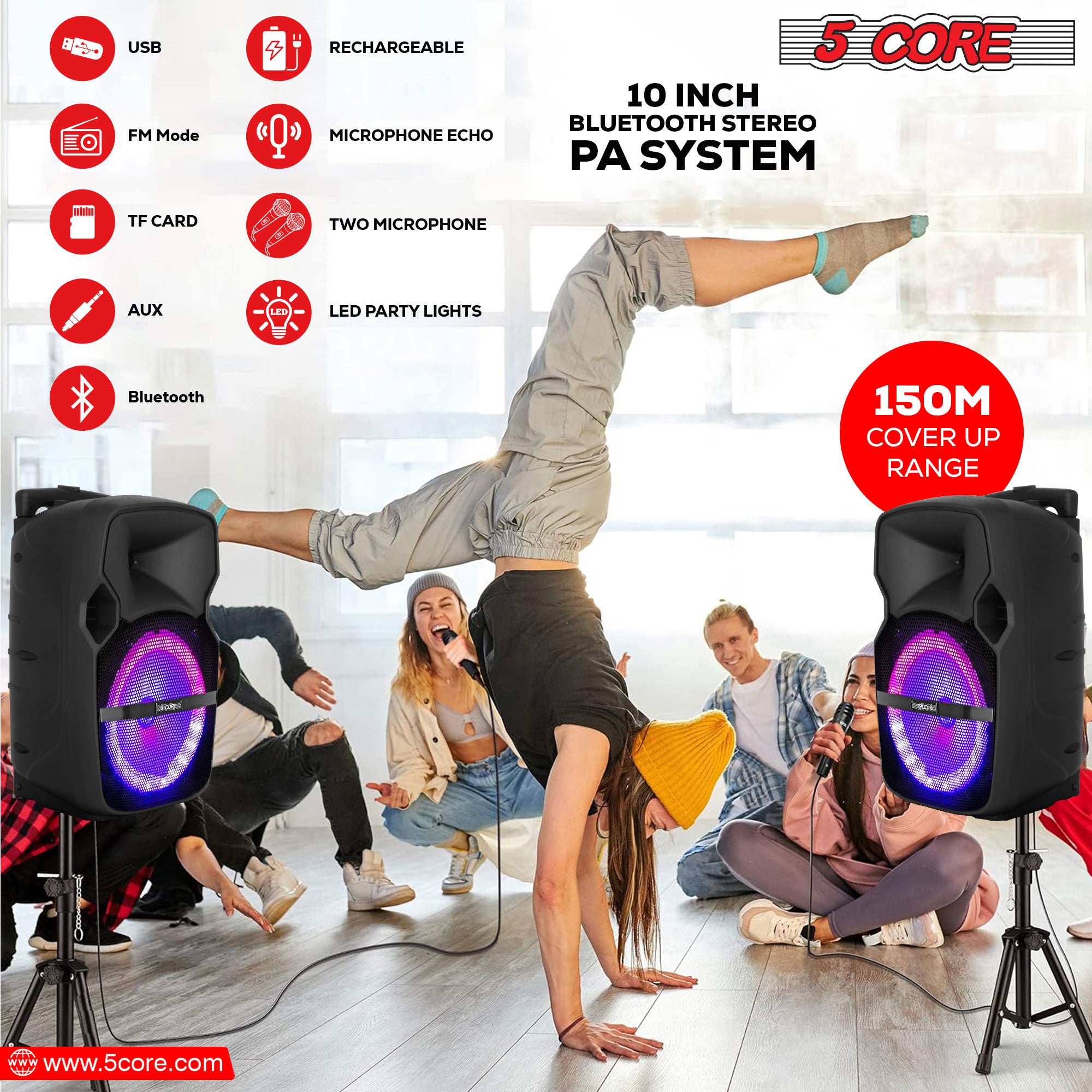 5 Core DJ speakers 10" Rechargeable Powered PA system 400W Loud Speaker Bluetooth USB SD Card AUX MP3 FM LED Ring - ACTIVE HOME 10 2-MIC