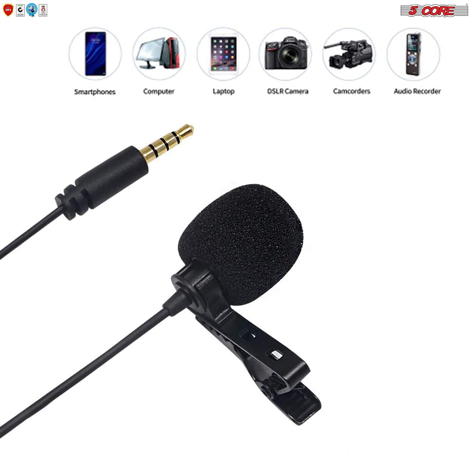 5 Core Professional Grade Lavalier Clip On Microphone| Premium Lav Mic for Camera, Phone, GoPro Video Recording | Compact Noise Cancelling 3.5mm Tiny Shirt Mic with Easy Clip and Windscreen- CM 001