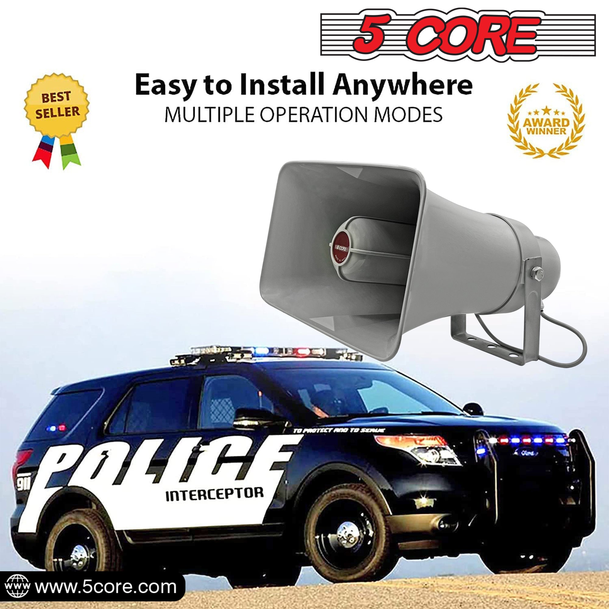 5 Core PA Horn Speaker • 6x10" Loudpeaker • 20W RMS 1000ft Range • Ambulance + Police + Fire Siren