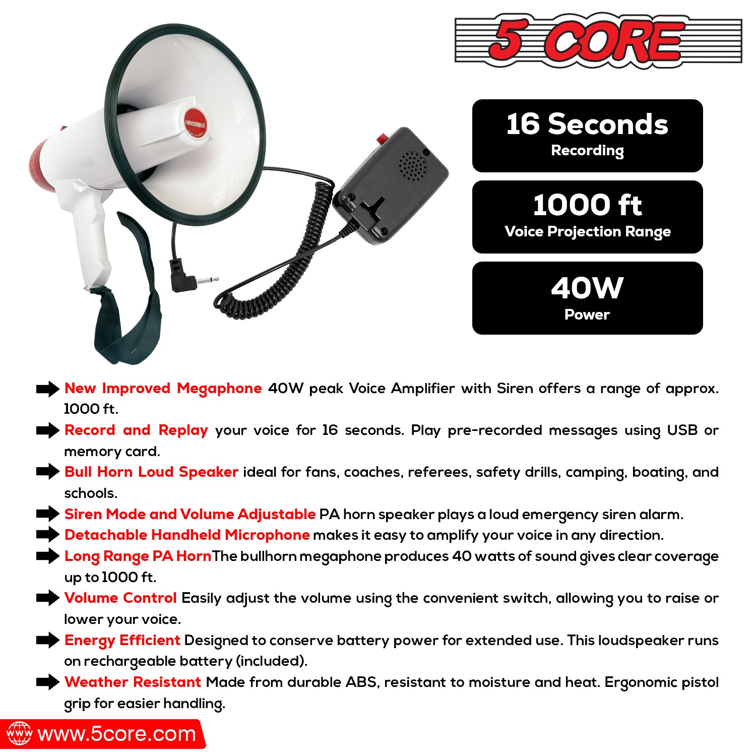5 Core Portable Megaphone Speaker Rechargeable 40W Bullhorn w Siren Volume Adjustable 1000 Yard Rage