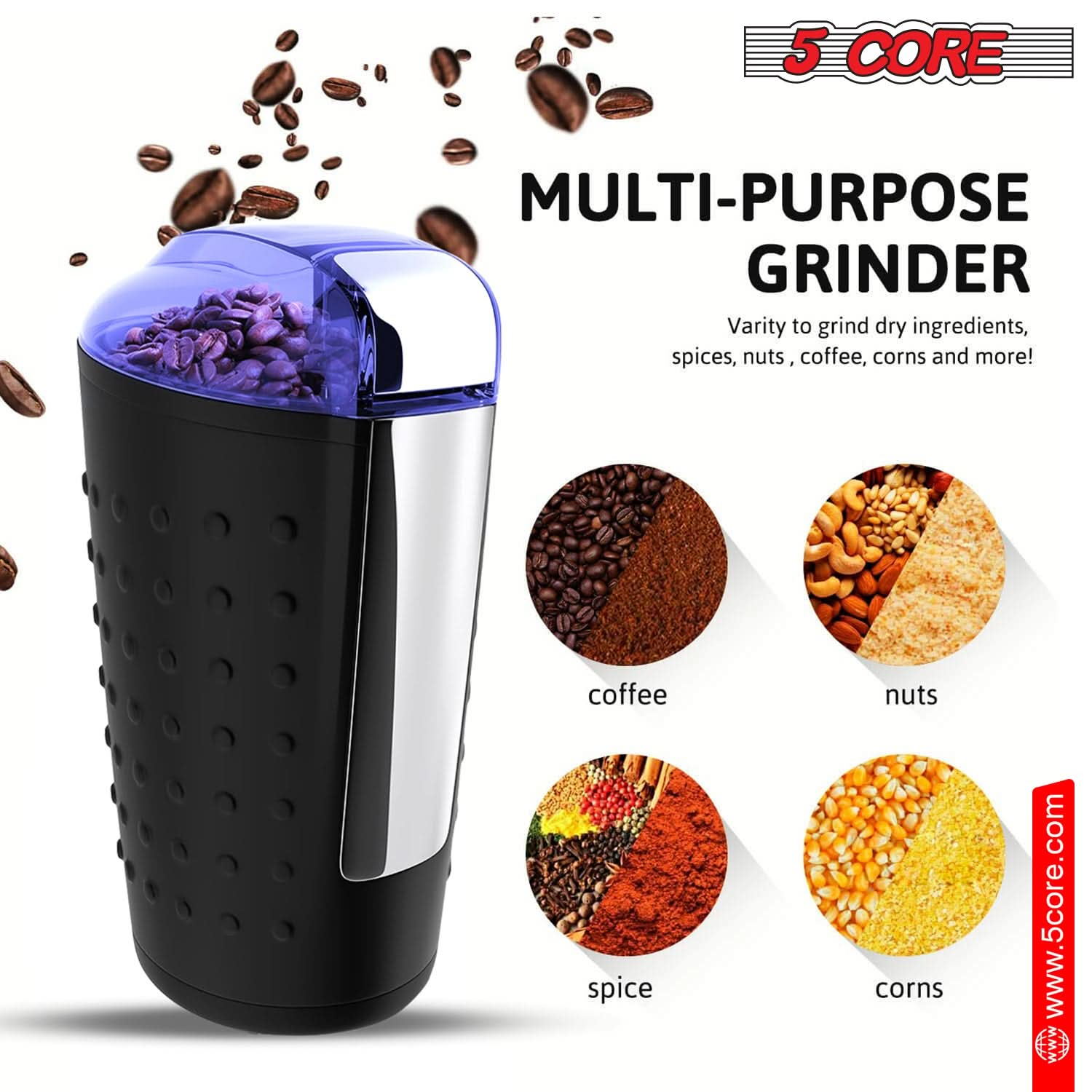 5 Core Coffee Grinder 85 Gram Capacity 150W Electric Bean Spice Grinders Black