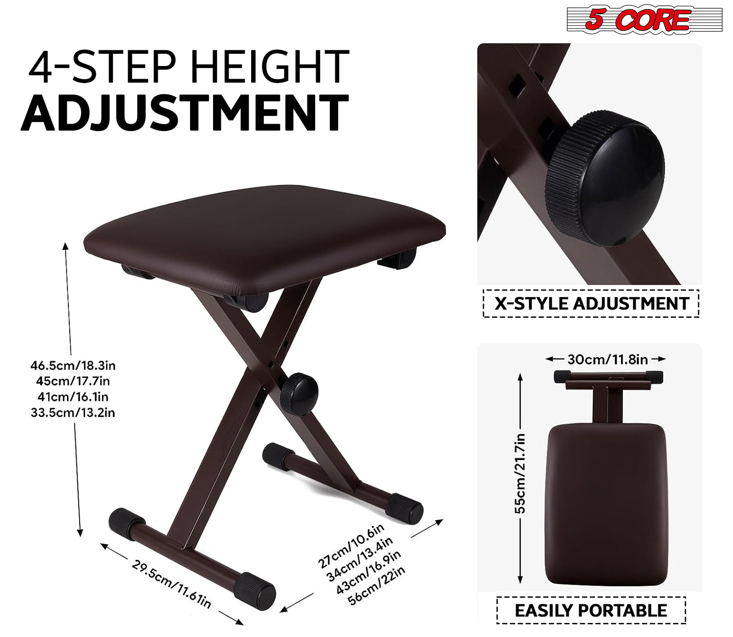 5 Core Adjustable Keyboard Bench 16.3 - 19.6 Inch 1 Piece Brown X style Bench Piano Stool Chair Thick And Padded Comfortable Guitar Stools & Seats - KBB 02 BR