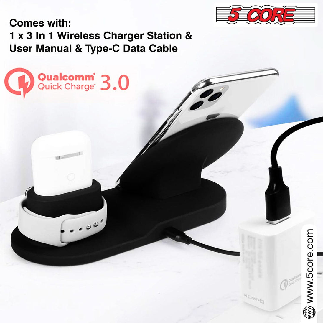 5 Core Fast Wireless Charger: 10W charging station for phone, watch, and earpods.