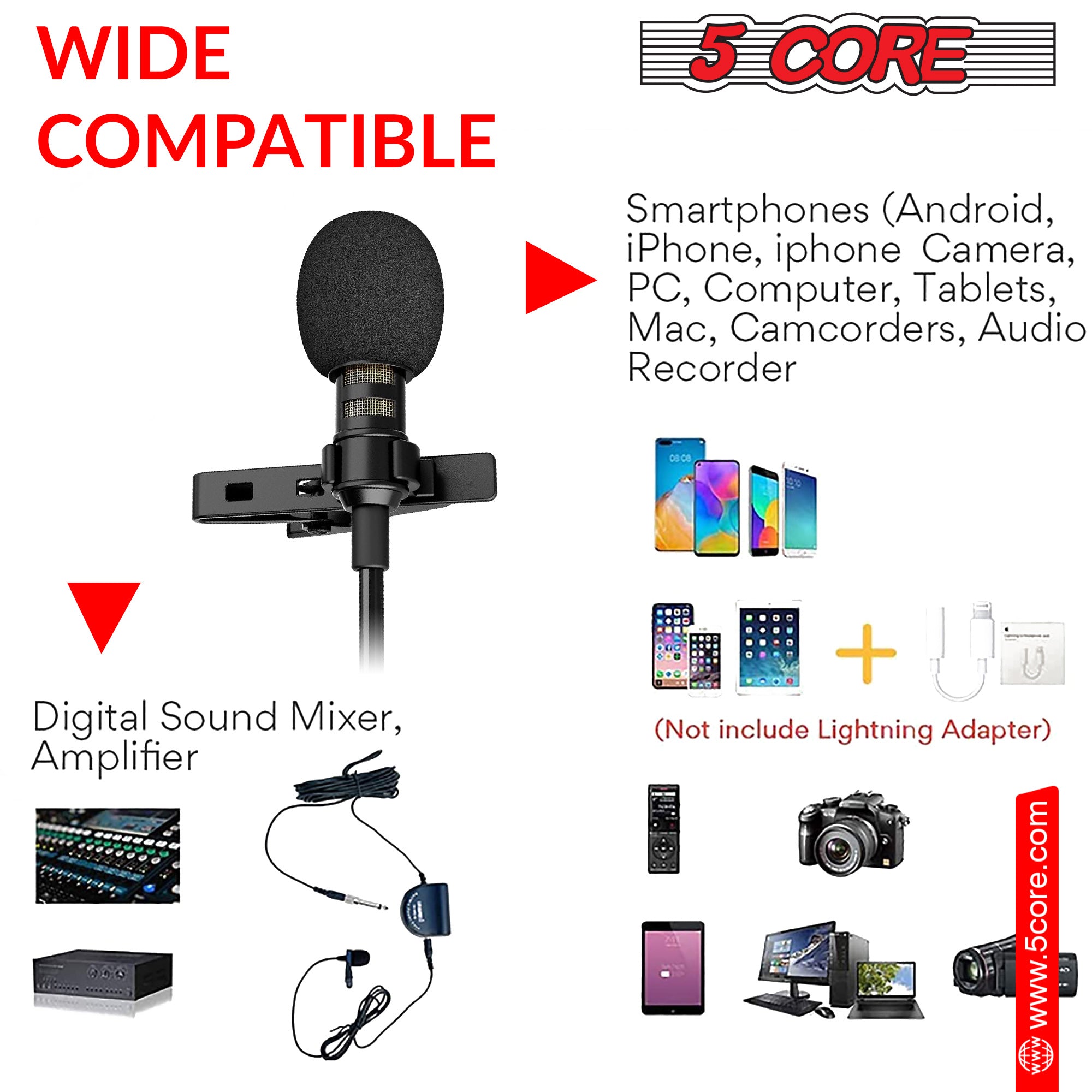 5 Core Professional Lavalier Microphone | Omnidirectional Condenser Mic with Adapter| for Podcasting, Recording, Vlogging, Compatible with Smartphone, DSLR, Camera, PC, Computer, Laptop- CM-WRD 50