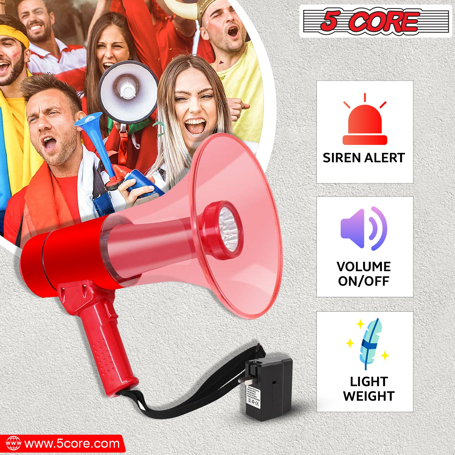 Red 5 Core portable megaphone with an adjustable strap, designed for comfortable carrying during events.