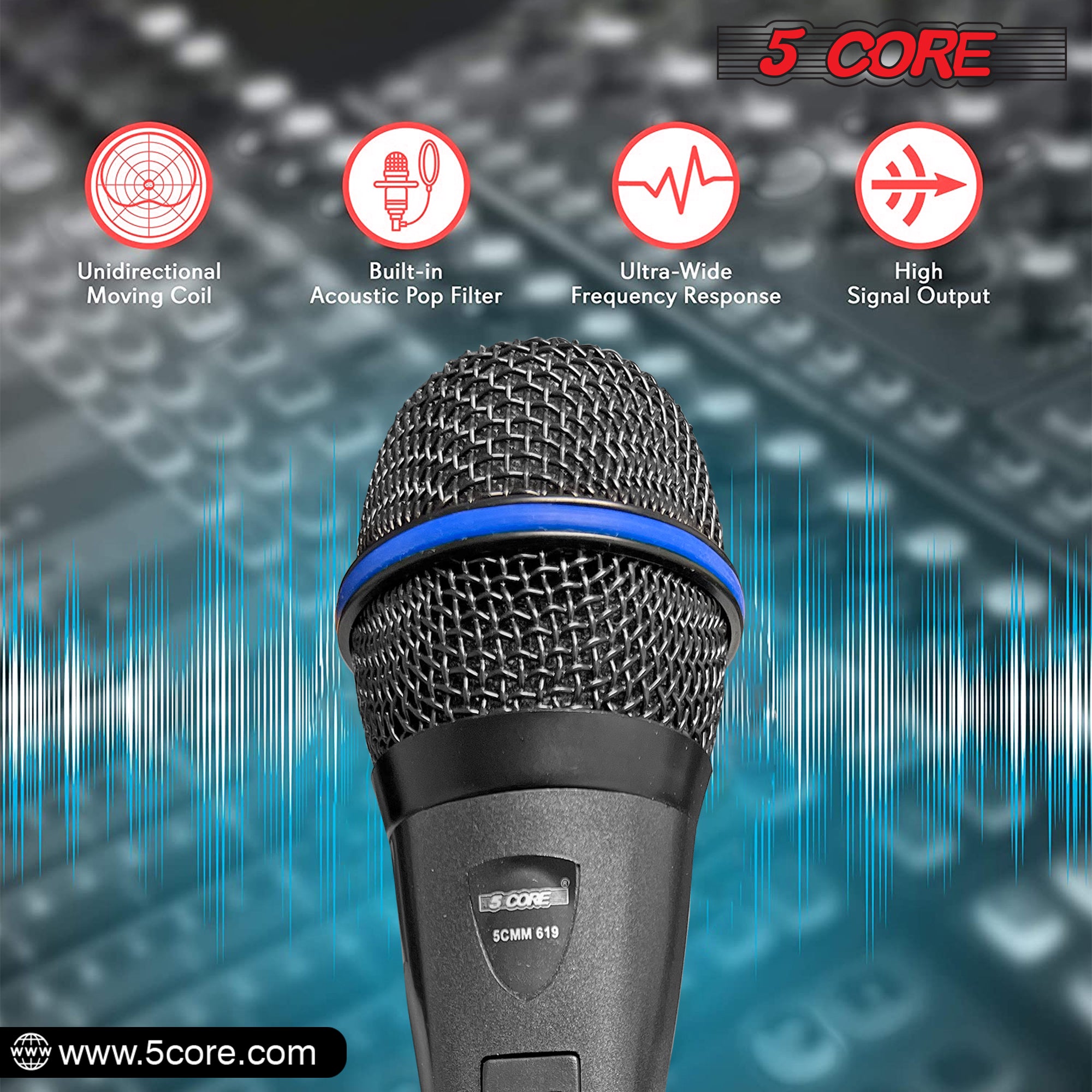 5 Core Microphone Karaoke XLR Wired Mic Professional Studio Microfonos w ON/OFF Switch Pop Filter Dynamic Cardioid Unidirectional Pickup -PM 619