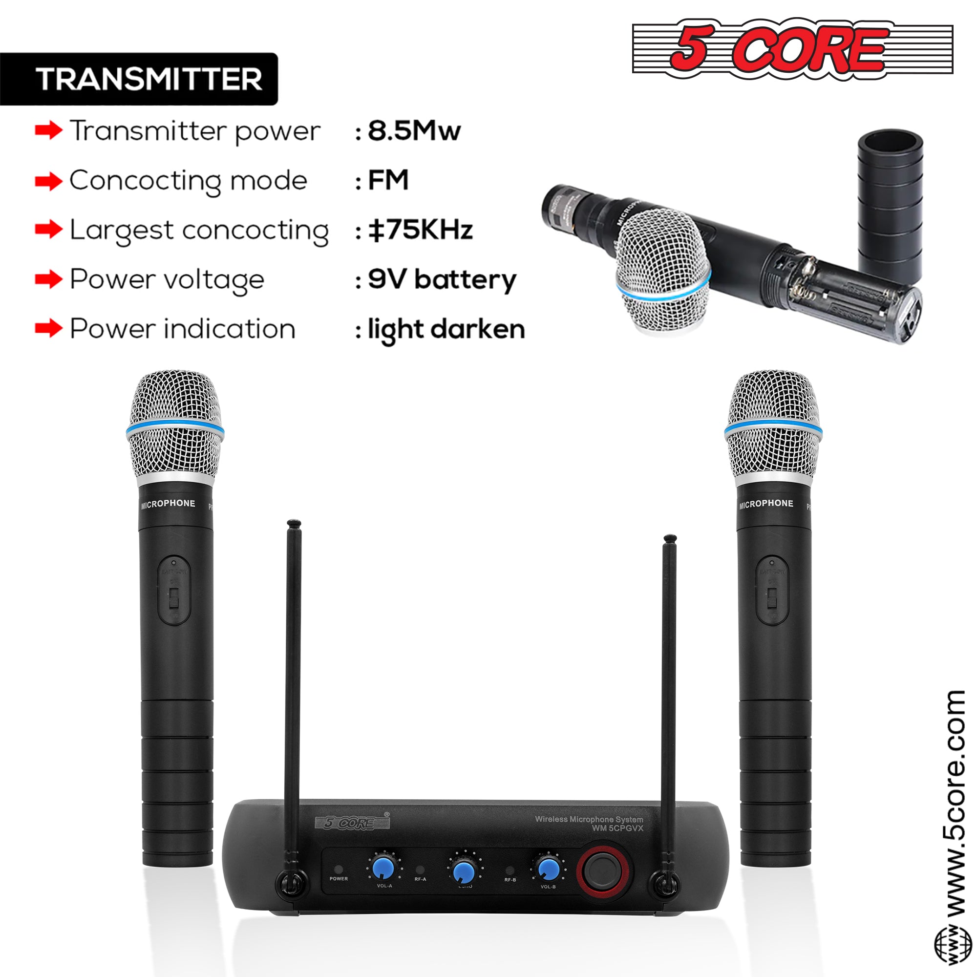 5 Core Dual Channel Wireless Mic System w 2 Microphones for Speaking Portable Cordless VHF Microfone System For Studio Karaoke Singing -WM 5CPGVX