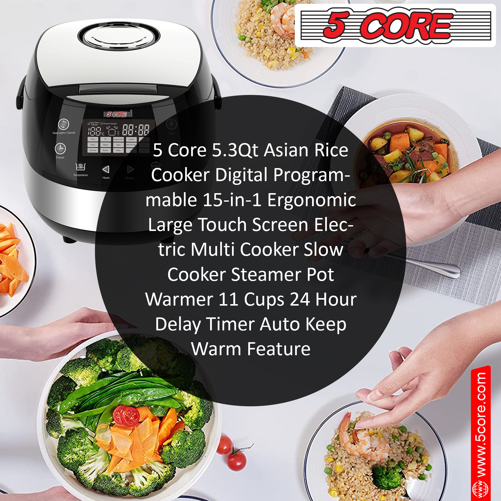 5 Core Asian Rice Cooker Black 5.3Qt Digital Programmable 15-in-1 Ergonomic Large Touch Screen Electric Multi Cooker Slow Cooker Steamer -RC 0501