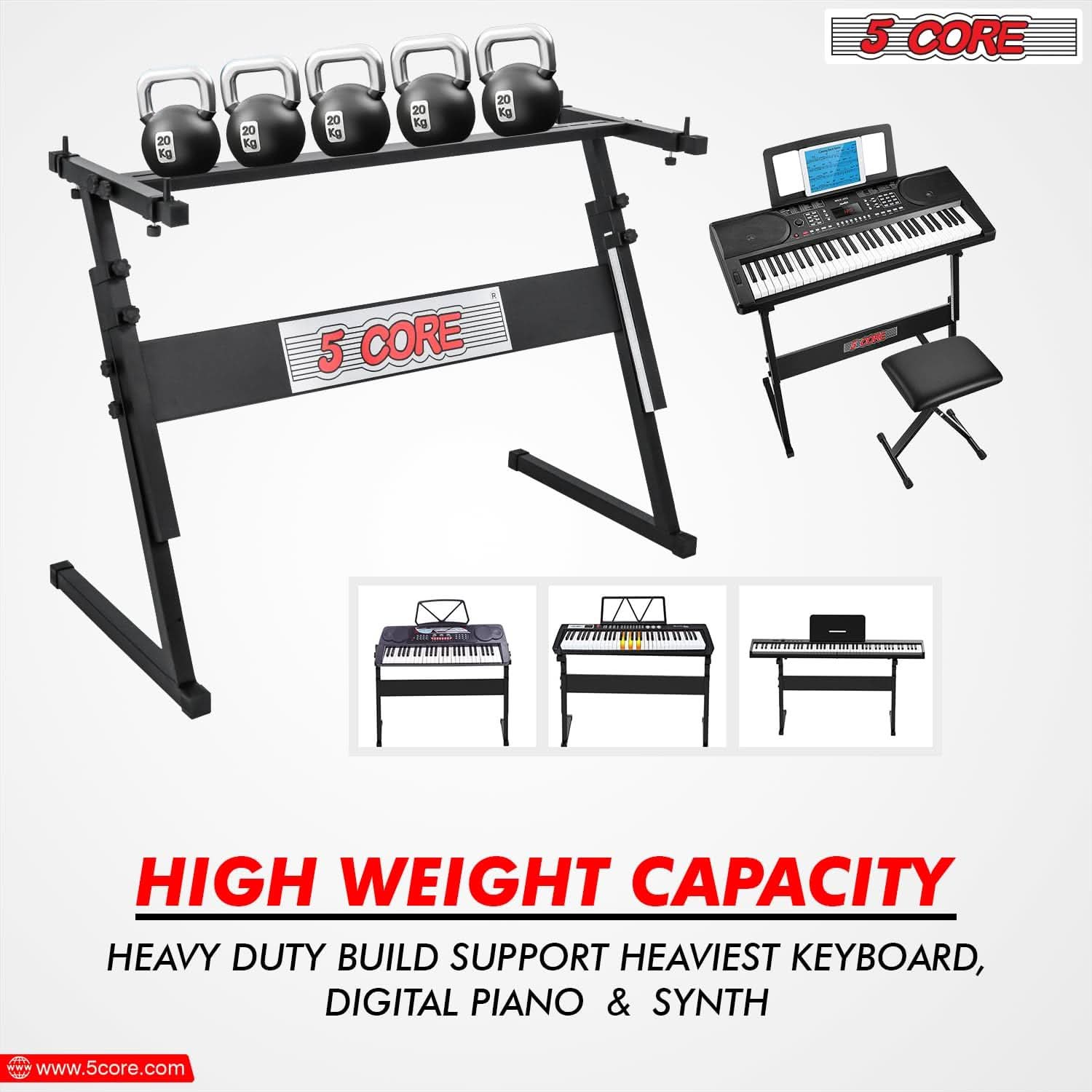 5Core Keyboard Stand Adjustable z Style Piano Riser + Keyboard Piano Bench