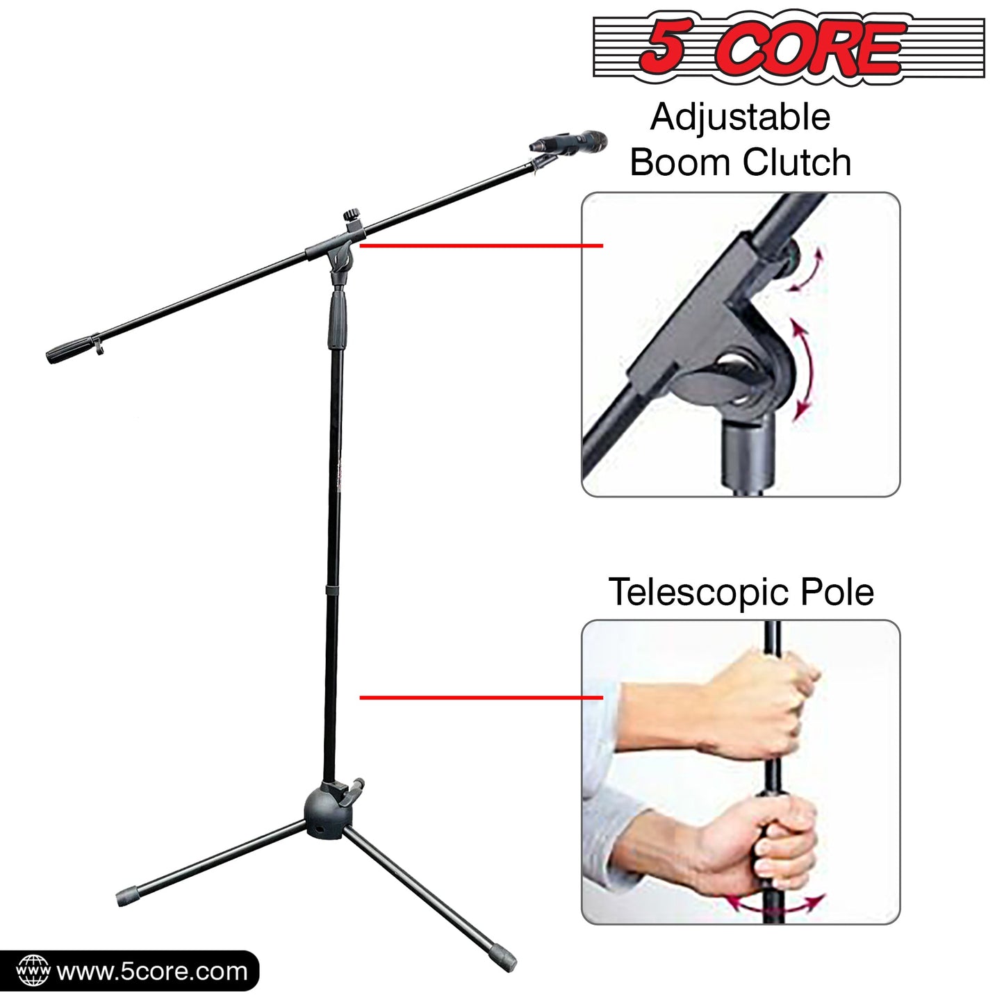 5 Core Foldable Tripod Microphone Stand - Universal Mic Mount, Height Adjustable from 36 to 65 Inch w/ Extending 30 Telescoping Boom Arm - Knob Tension Lock Mechanism w/ Mic Clip MS 080