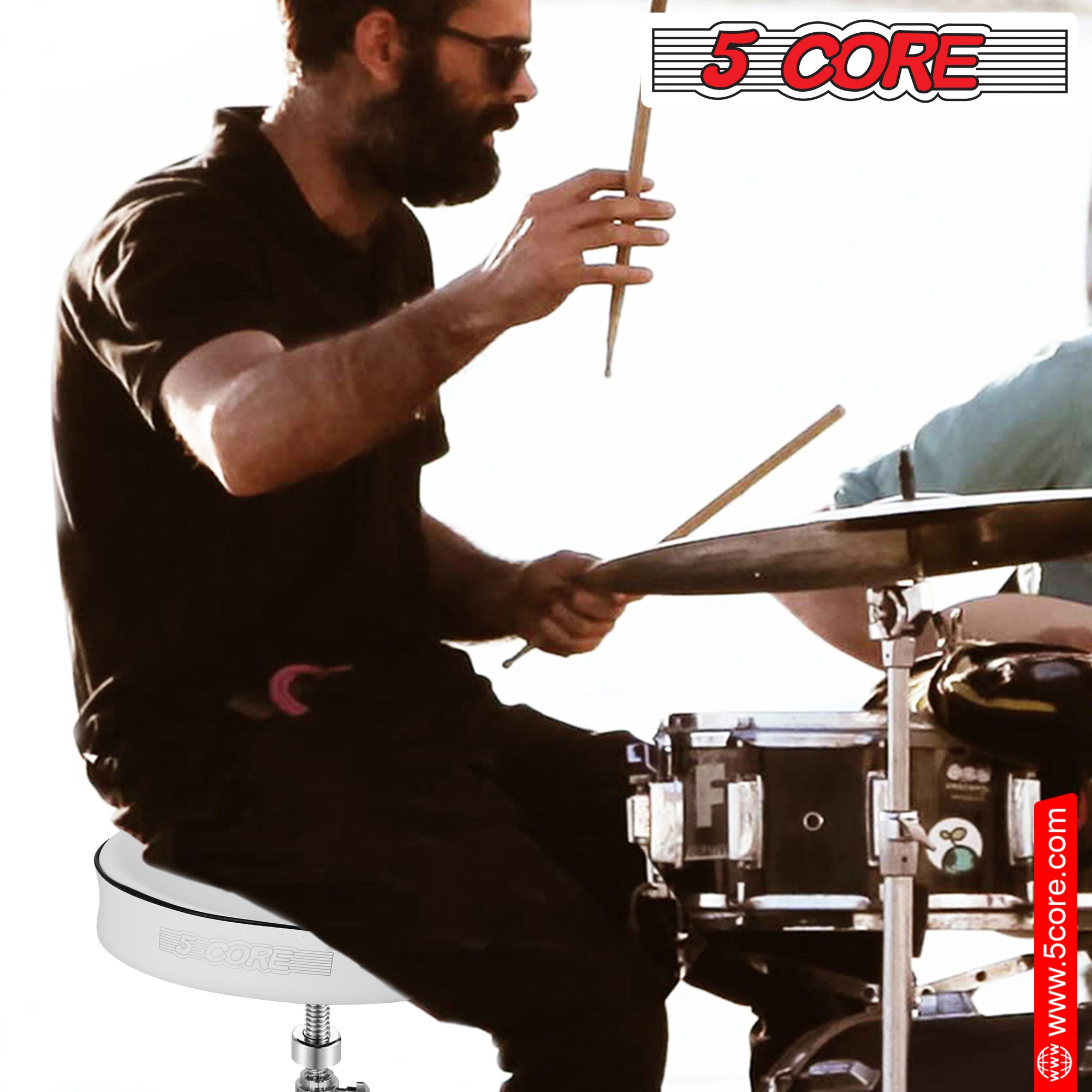 5 Core Drum Throne Saddle White| Heavy Duty Height Adjustable Padded Comfortable Drum Seat| Stools Chair  Style with Double Braced Anti-Slip Feet and Two Drumsticks for Adults Drummers- DS CH WH SDL HD