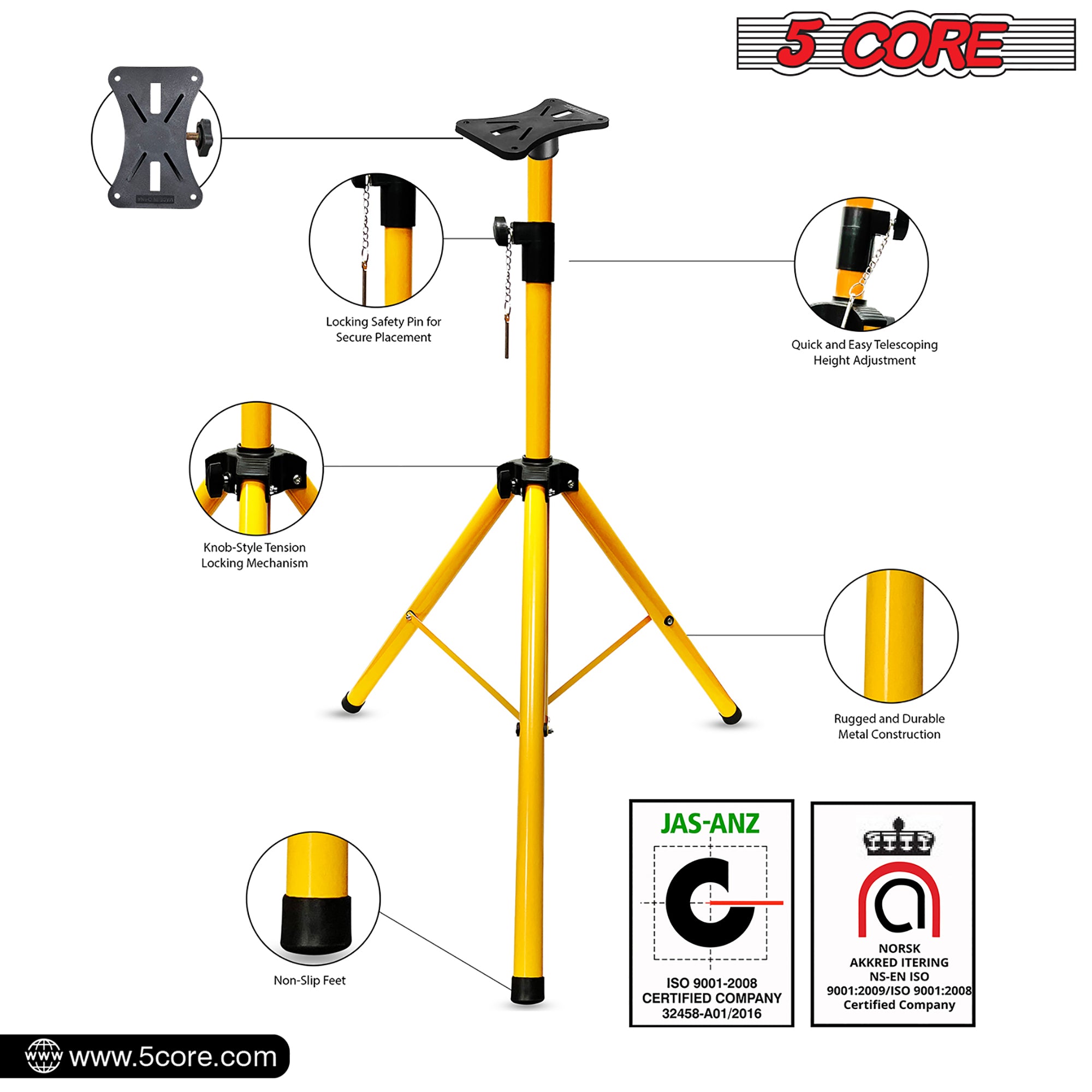 5 Core speaker Stand 2 Pieces Subwoofer Stands Yellow Height Adjustable Light Weight Studio PA Speaker Holder for Large Speakers w Locking Safety PIN and 35mm Compatible Insert On Stage In Studio Use - SS ECO 2PK YLW WoB