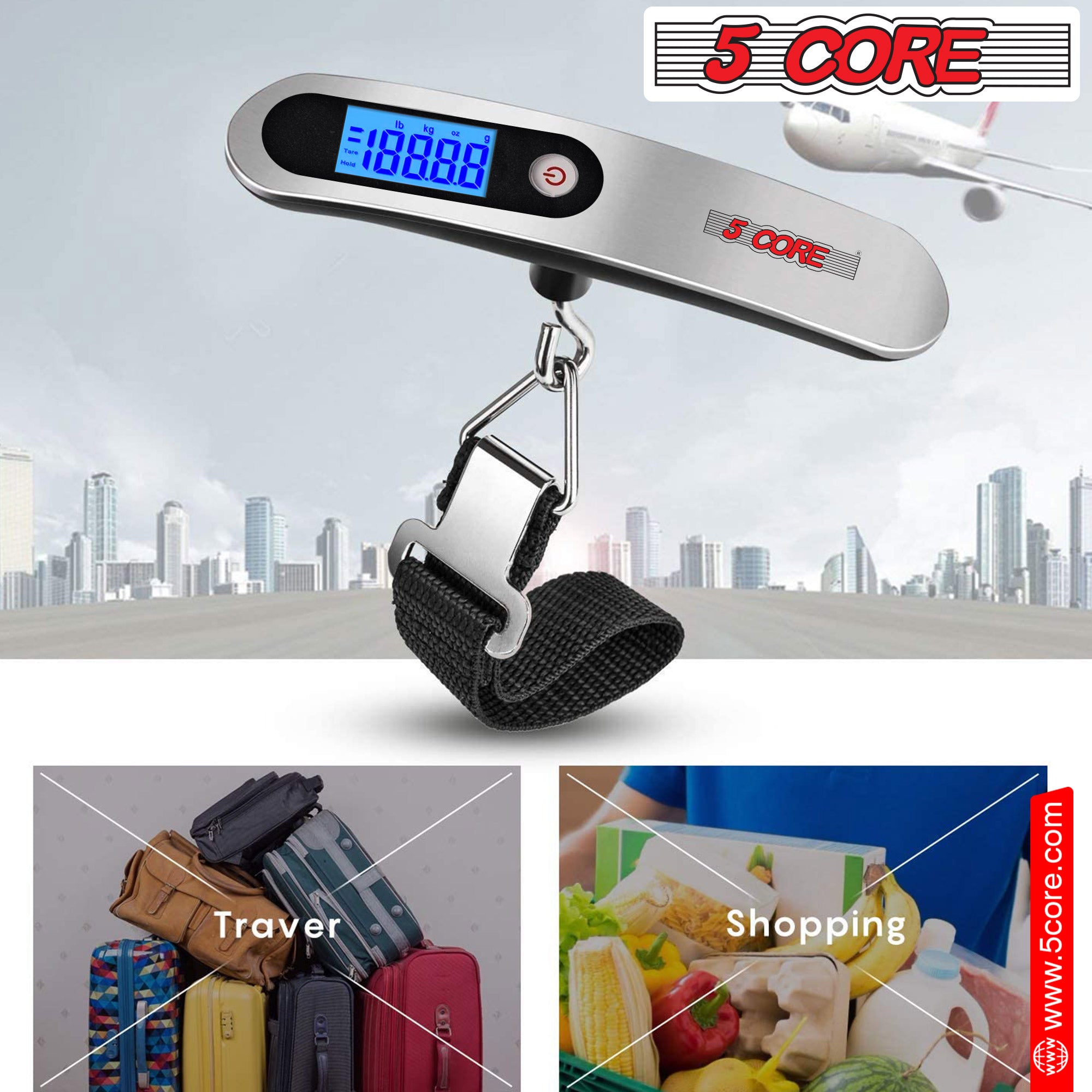5 Core Luggage Scale 110lbs Capacity Digital Travel Weight Scale • Hanging Baggage Weighing Machine