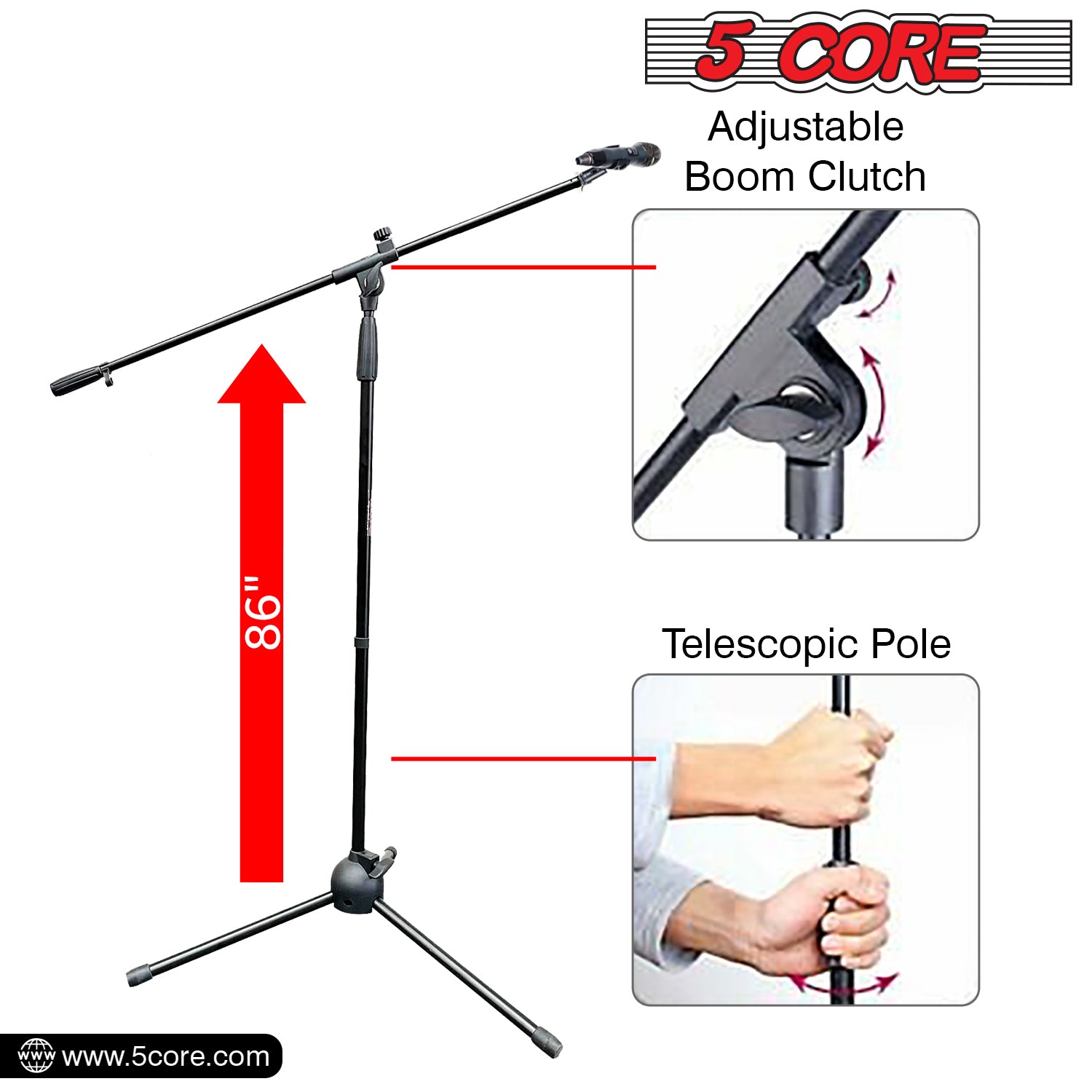 5Core Tripod Mic Stand 6ft Adjustable Microphone Stands Holder Floor w Boom Arm