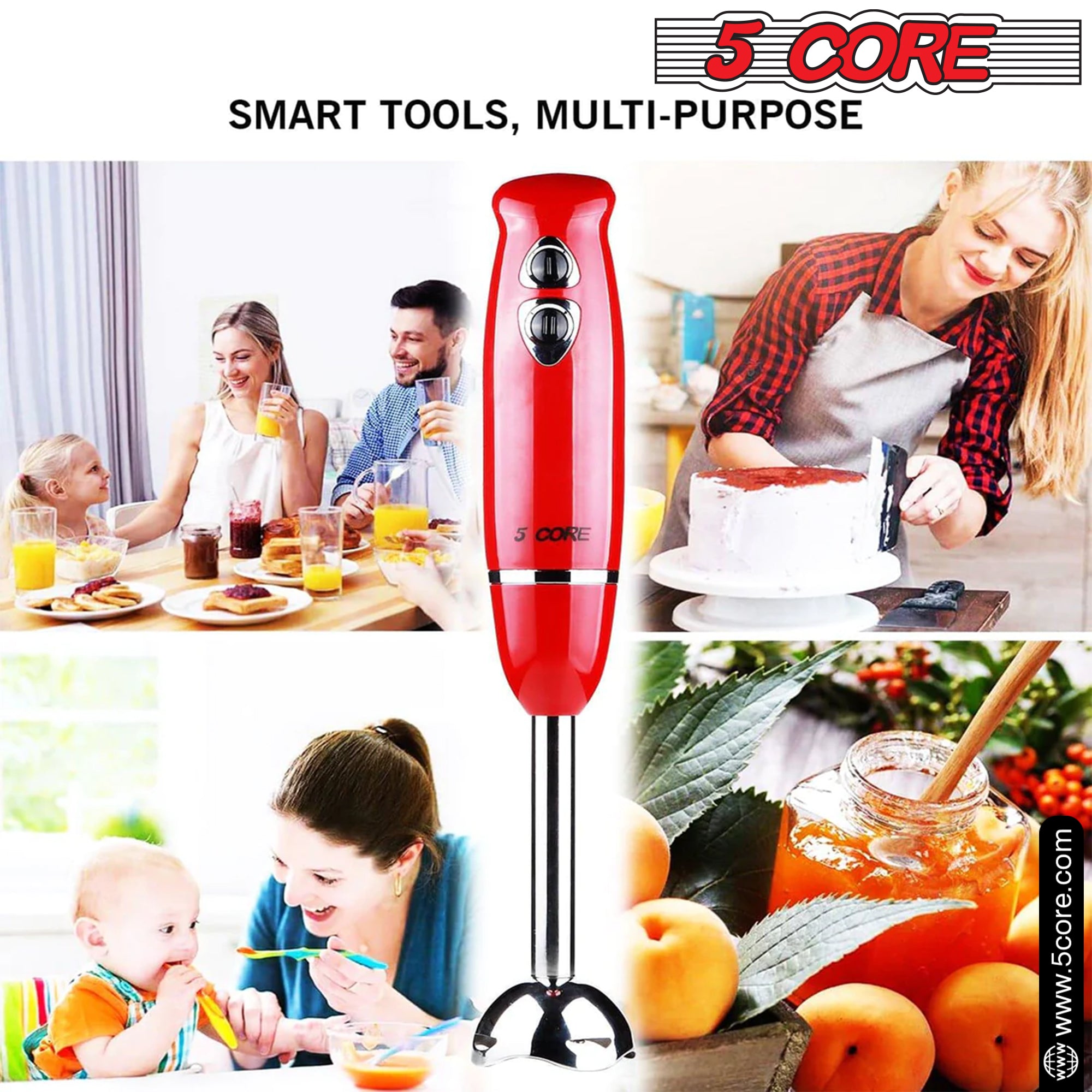 5 Core Hand Blender • 500W Immersion Blender • Electric Hand Mixer w 2 Mixing Speed 304 Steel Blades