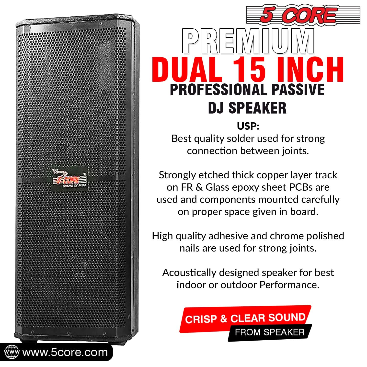 5Core Portable Cabinet PA DJ Speaker System 15 Inch 4000W Passive 3 Way Loudspeaker