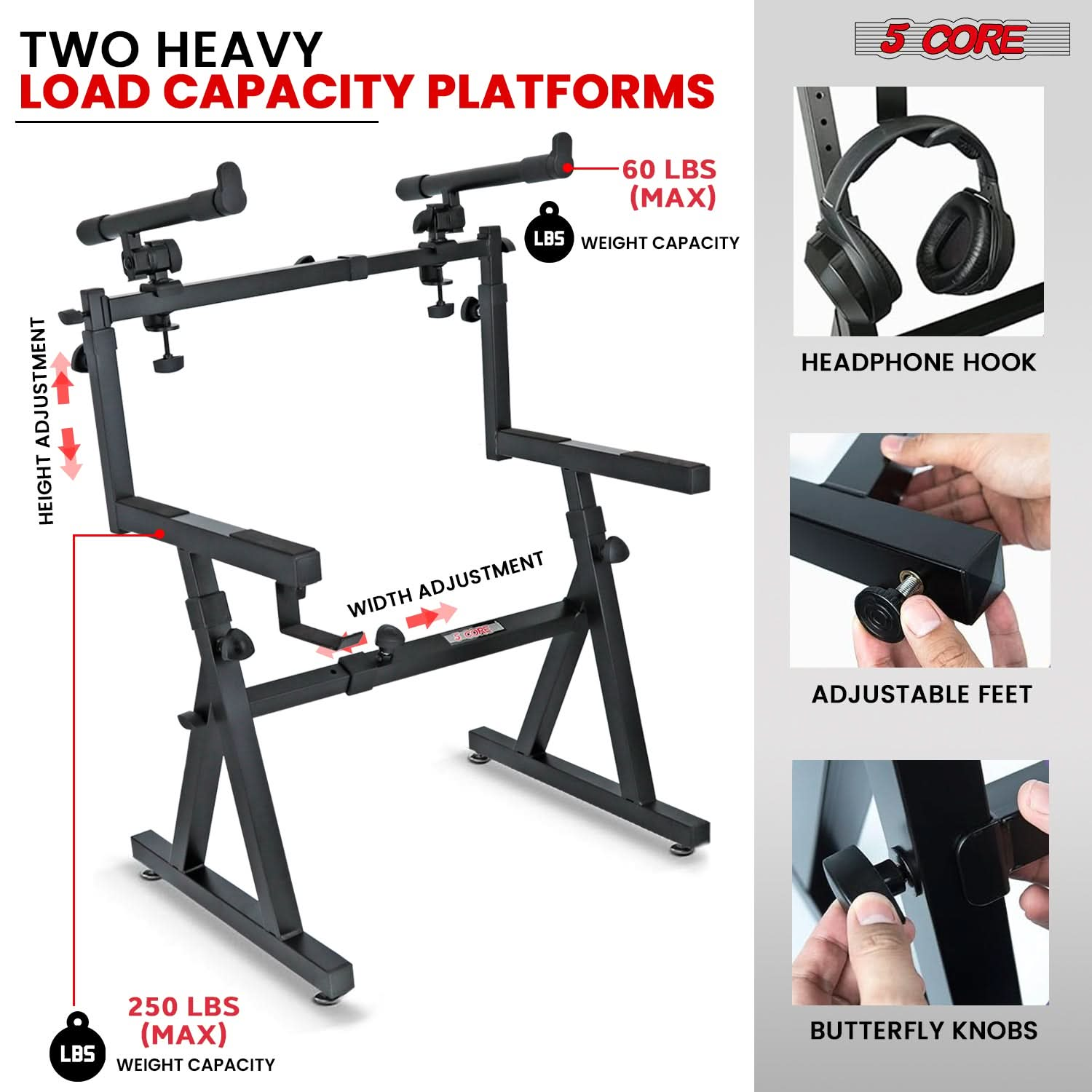 5Core 2 Tier Keyboard Stand Z Style Adjustable Heavy Duty Electric Piano Riser Holder