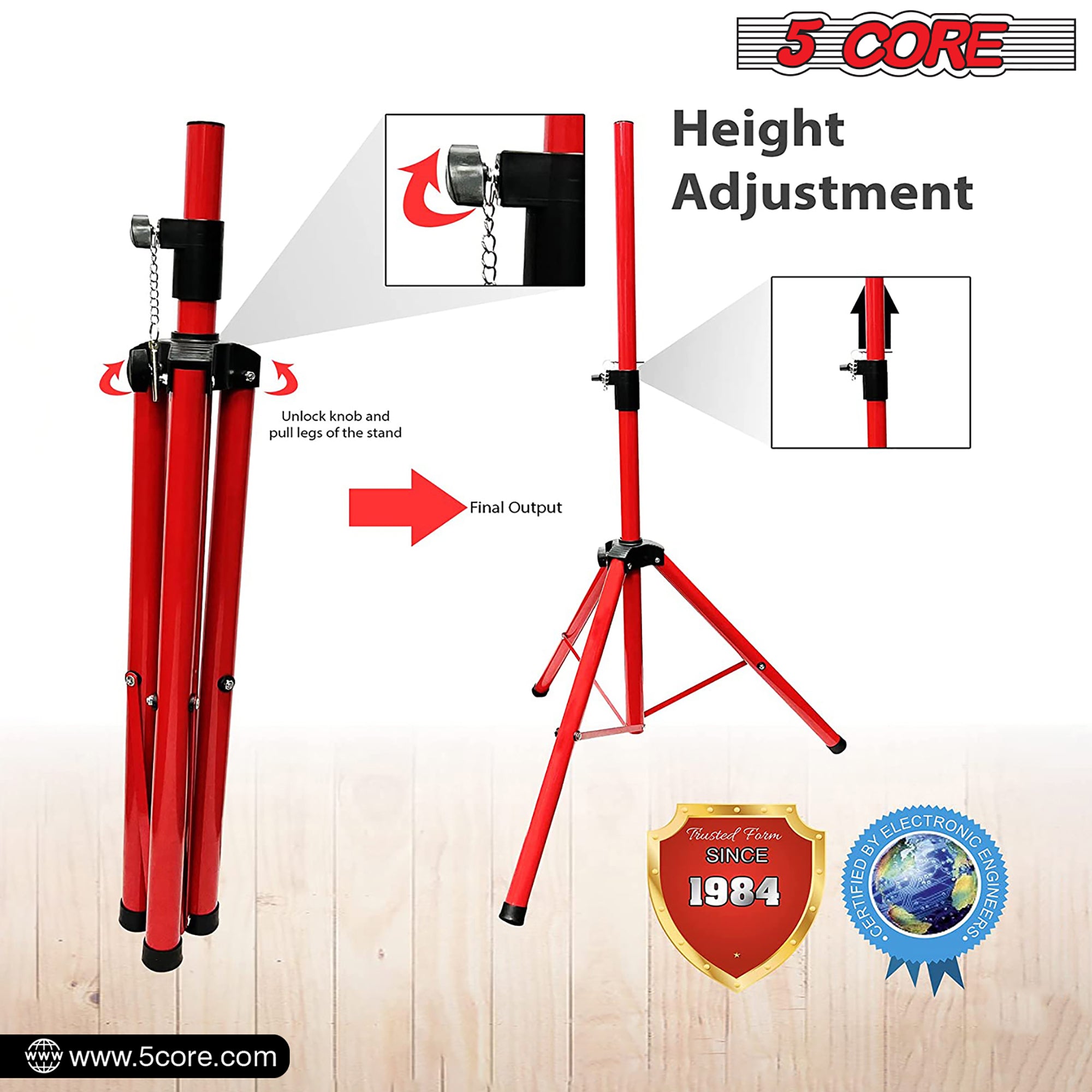 5 Core PA Speaker Stands Short Height Adjustable Professional DJ Tripod with Mounting Bracket, Extend from 40 to 72 inches, Red SS ECO 1PK RED WoB