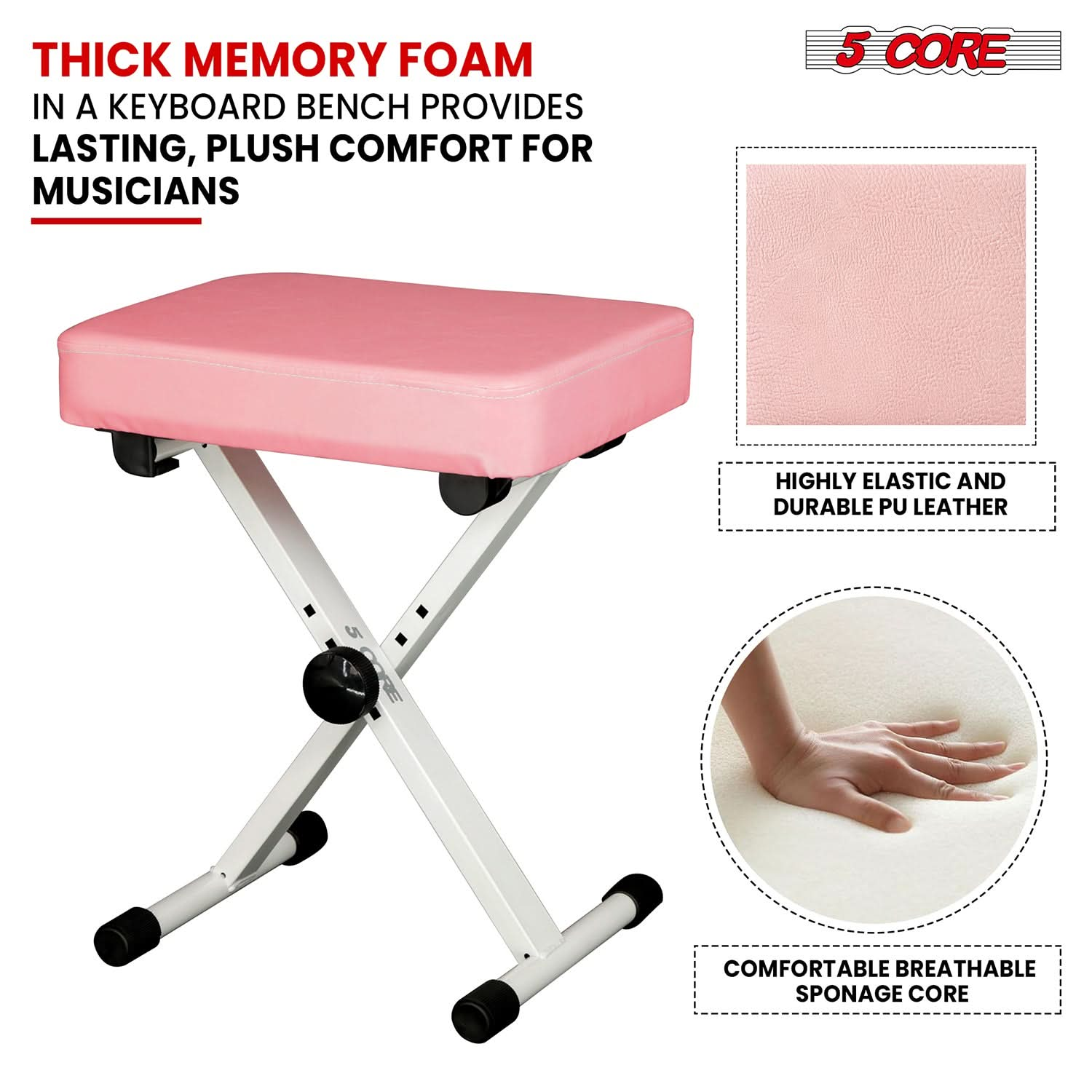 5 Core Keyboard Bench X Style Piano Stool Heavy Duty Adjustable Keyboards Chair Pink