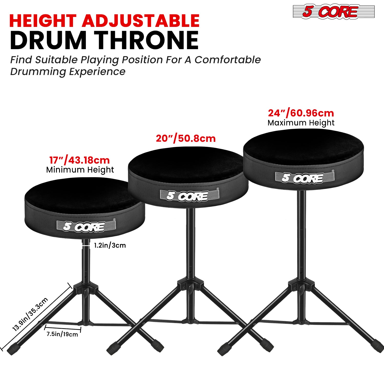 5Core Drum Throne Adjustable Guitar Stool Padded Drummer Seat for Adults & Kids VELVET BLACK