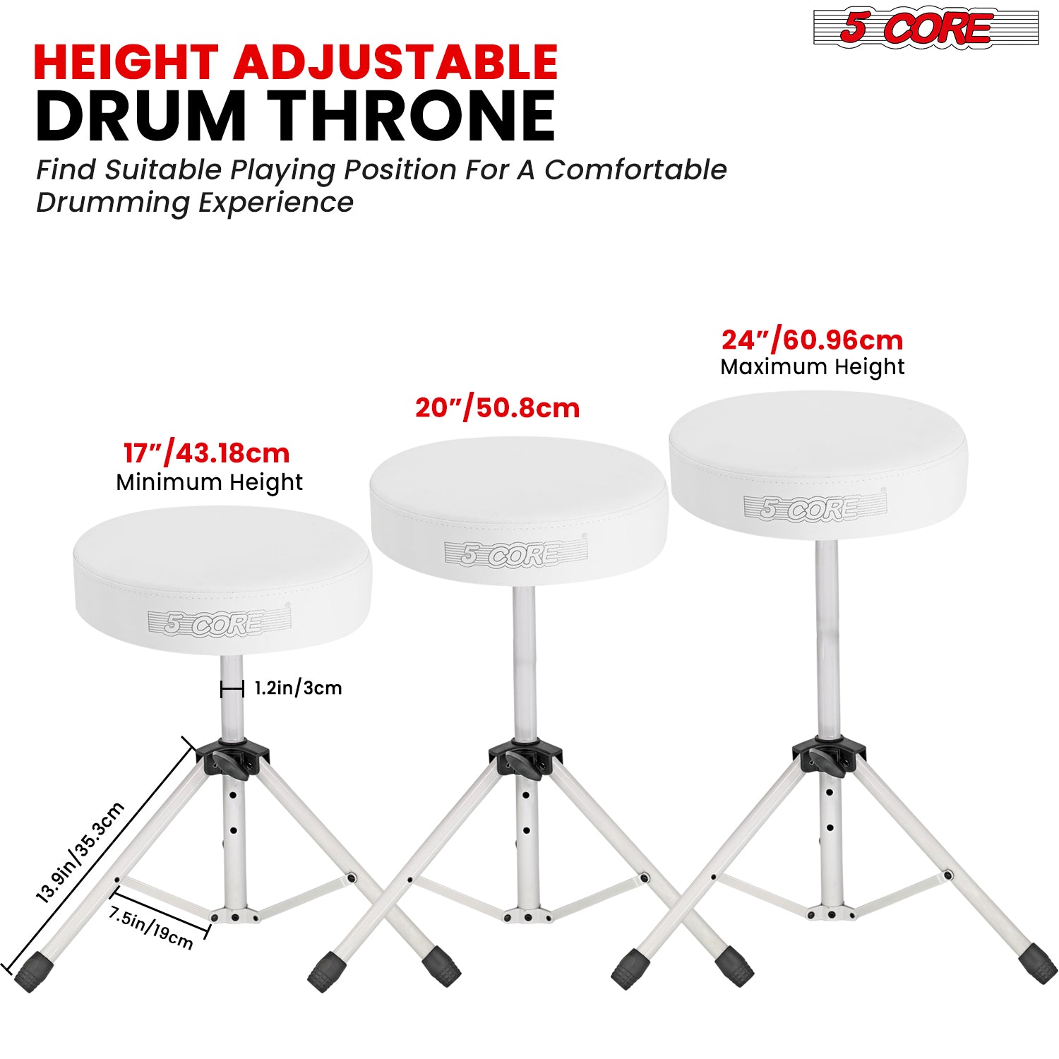 5Core Drum Throne Adjustable Guitar Stool Padded Drummer Seat for Adults & Kids WHITE