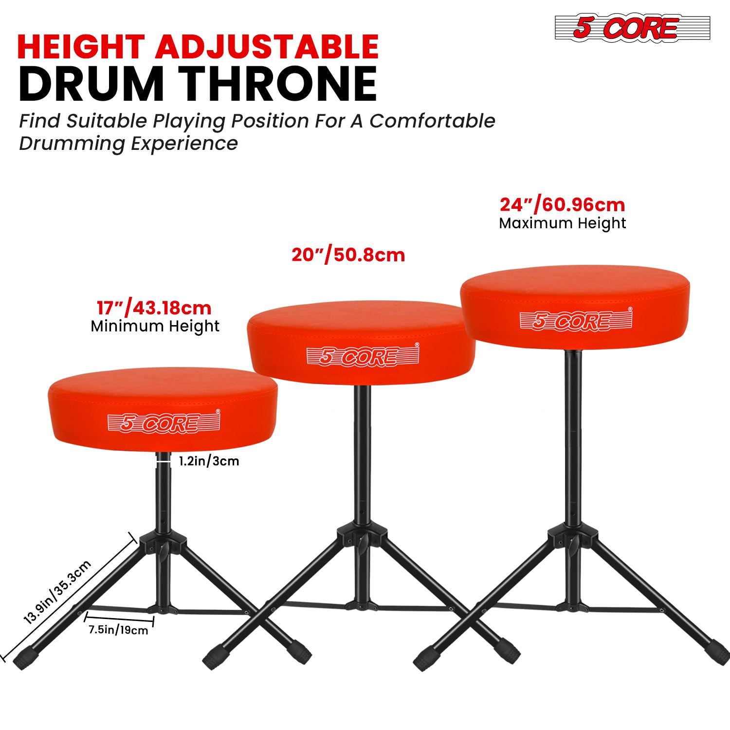 5Core Drum Throne Adjustable Guitar Stool Padded Drummer Seat for Adults & Kids ORANGE