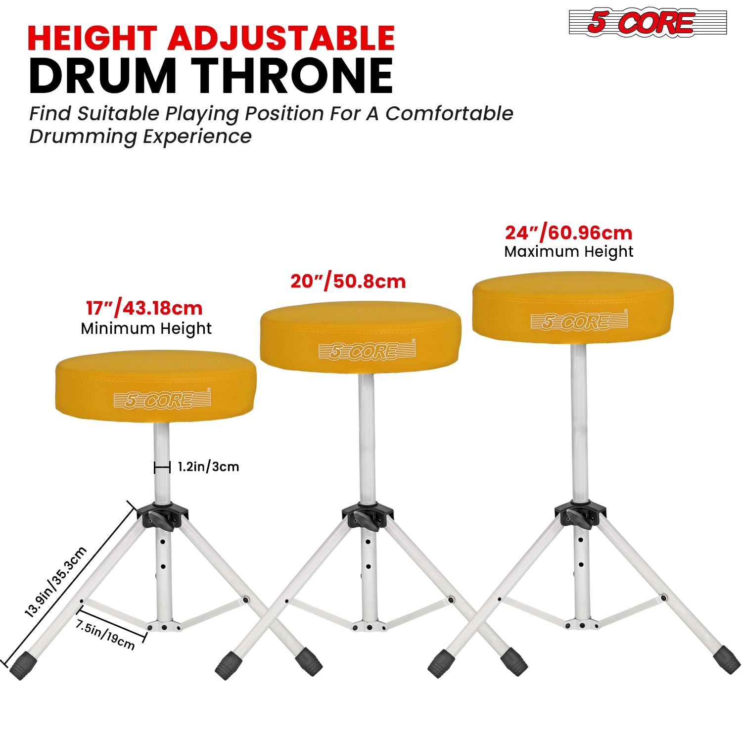 5Core Drum Throne Adjustable Guitar Stool Padded Drummer Seat for Adults & Kids YELLOW