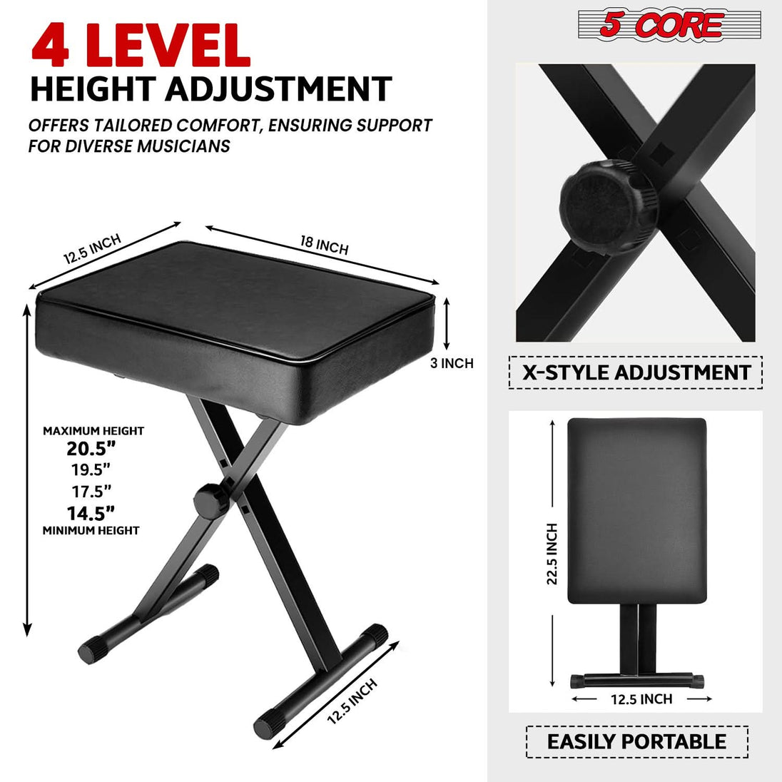 4-level height adjustable keyboard bench, offering customizable seating positions for optimal comfort during performances