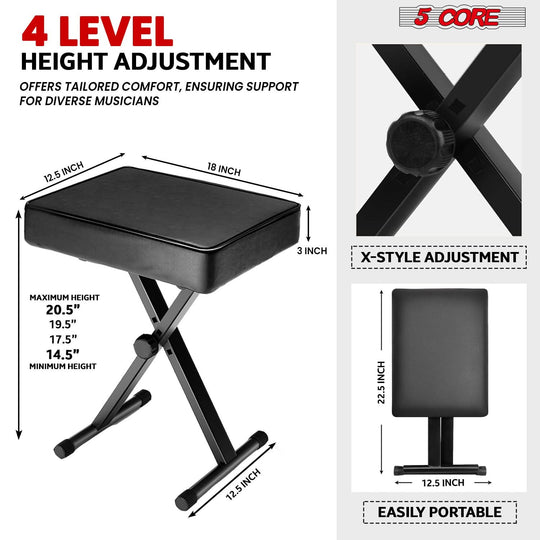 4-level height adjustable keyboard bench, offering customizable seating positions for optimal comfort during performances