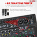 48V phantom power on audio mixer, providing reliable power for condenser microphones and professional audio equipment