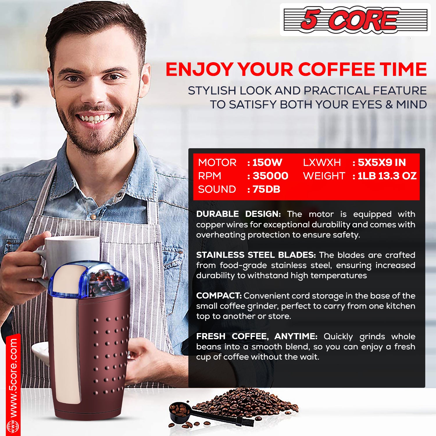5 Core CG 01 BR Brown Coffee Grinder: Ideal for Everyday Use, 85g Capacity, 150W