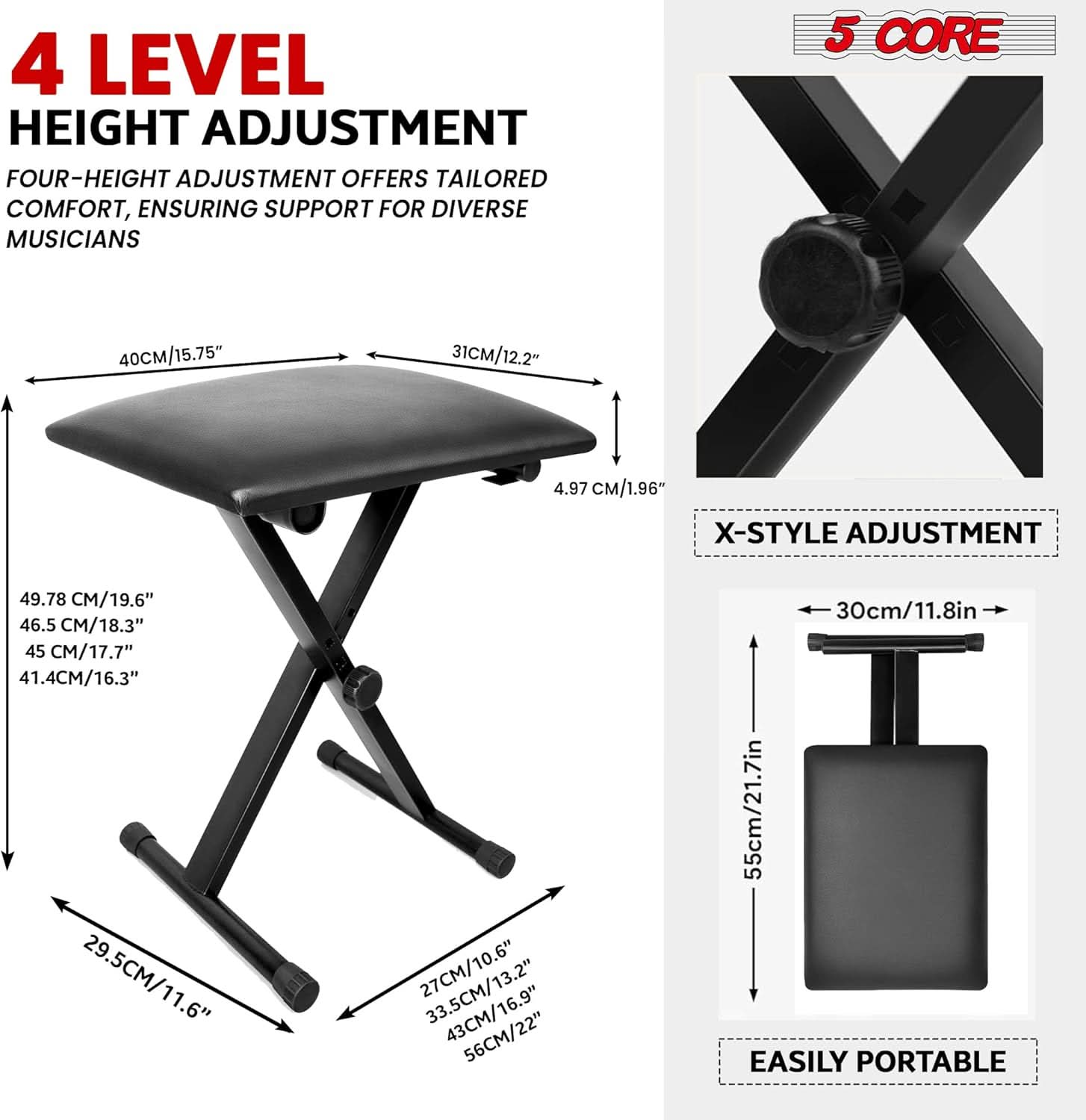 5Core Keyboard Stand Double X Style Adjustable Piano Riser + Keyboard Piano Bench