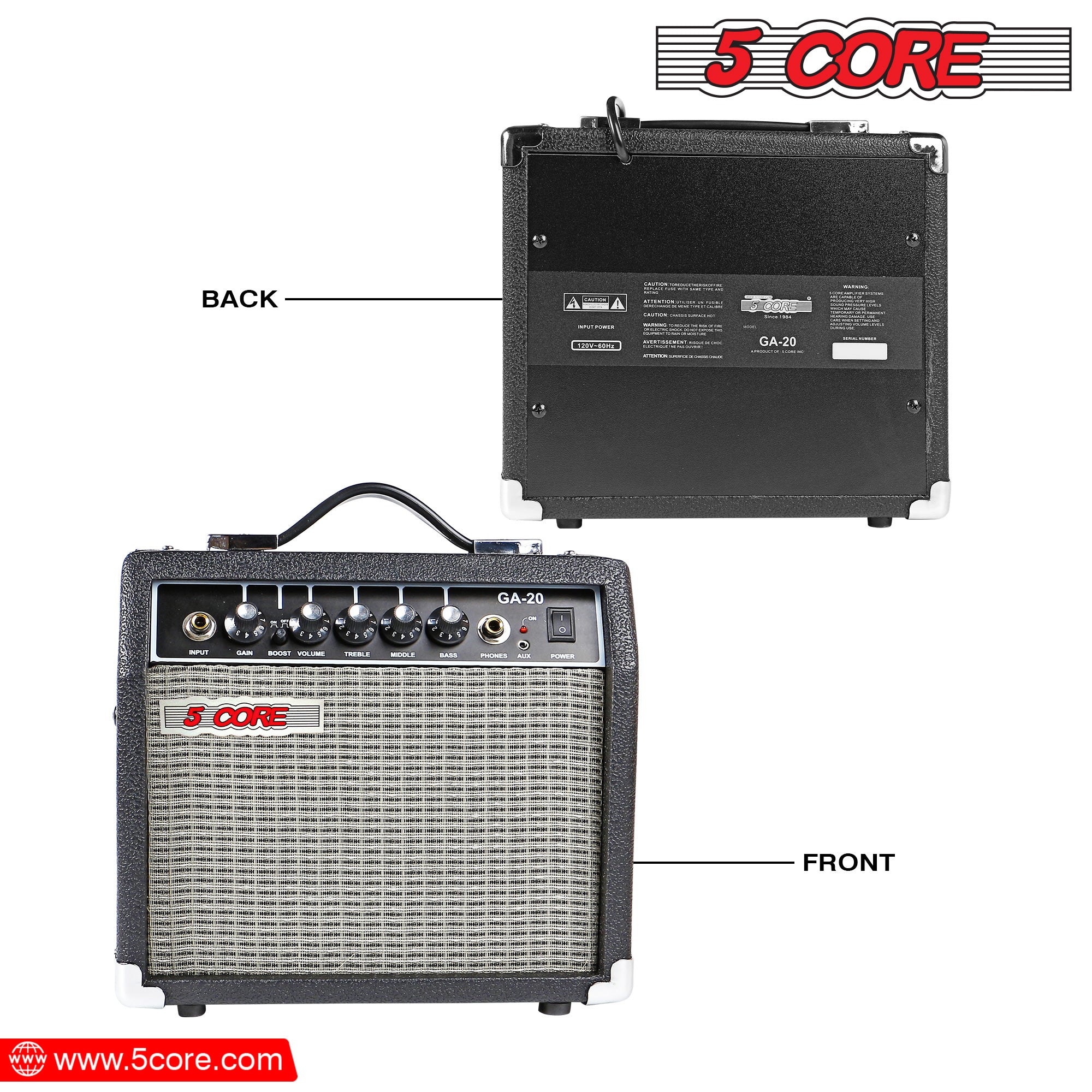 5 Core Guitar Amplifier Mini Bass Electric Guitar Amp 20W Portable Guitar Amp w Aux Input Volume Bass Treble Control -GA 20 BLK