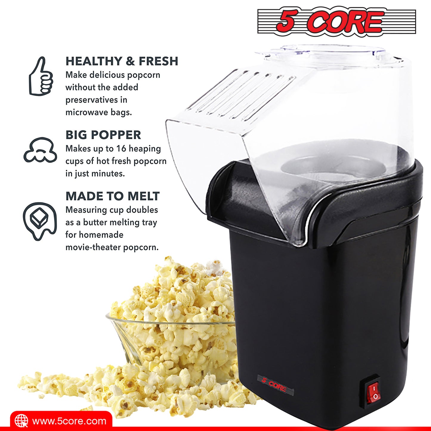 5 Core Popcorn Machine Hot Air Electric Popper Kernel Corn Maker Bpa Free No Oil POP B