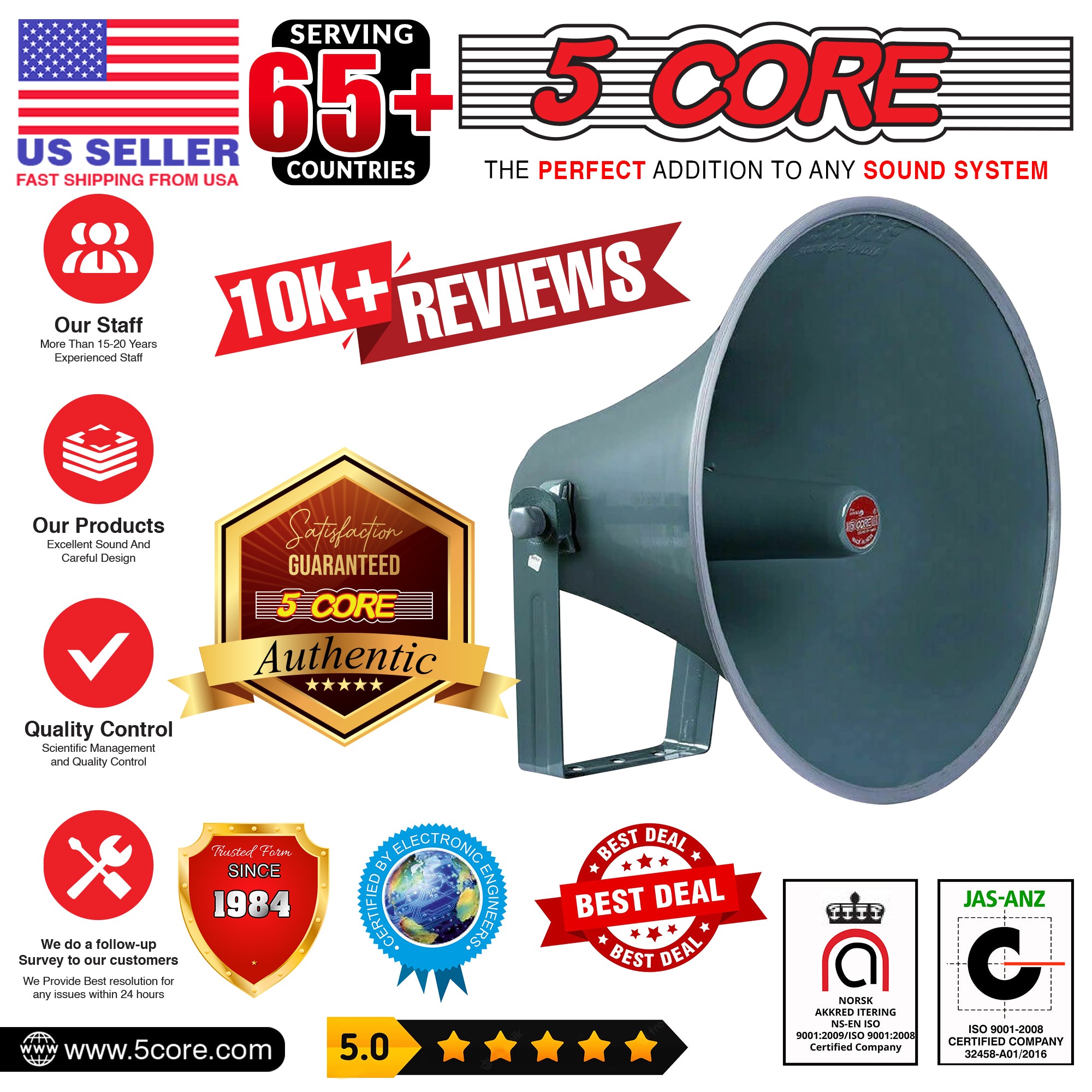 5 Core PA Horn Speaker 16 Inch Outdoor Horn Speakers All Weather Cone Speaker for CB Radio Premium Cornetas Amplificadas w Mounting Bracket -RH 16