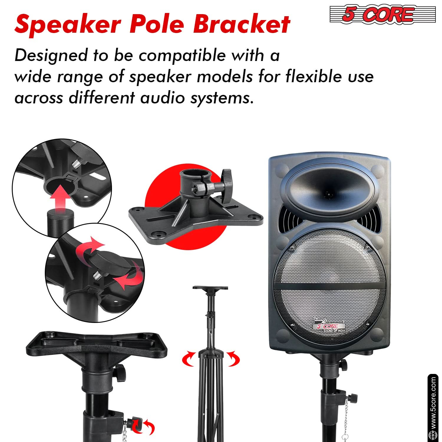 5 Core Speaker Stand Tripod Floor Adjustable Up to 48 Inch DJ Studio Monitor Stands Pole Mount Pair BLACK