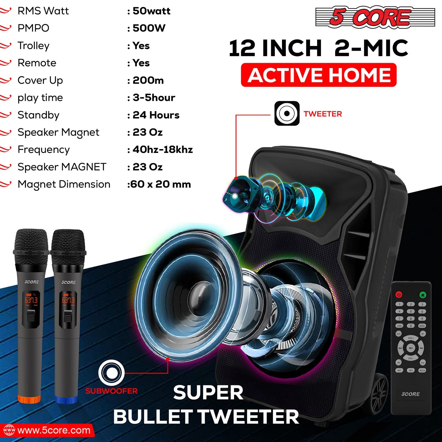 5Core PA System: Portable Bluetooth speaker, perfect for parties with wireless mics and powerful sound.