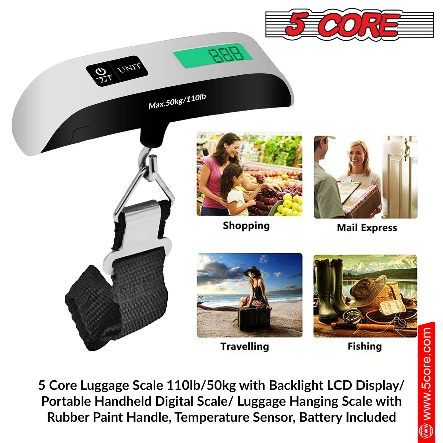 5Core Digital Luggage Scale Travel Weight Scales Hanging Baggage Weighing Machine