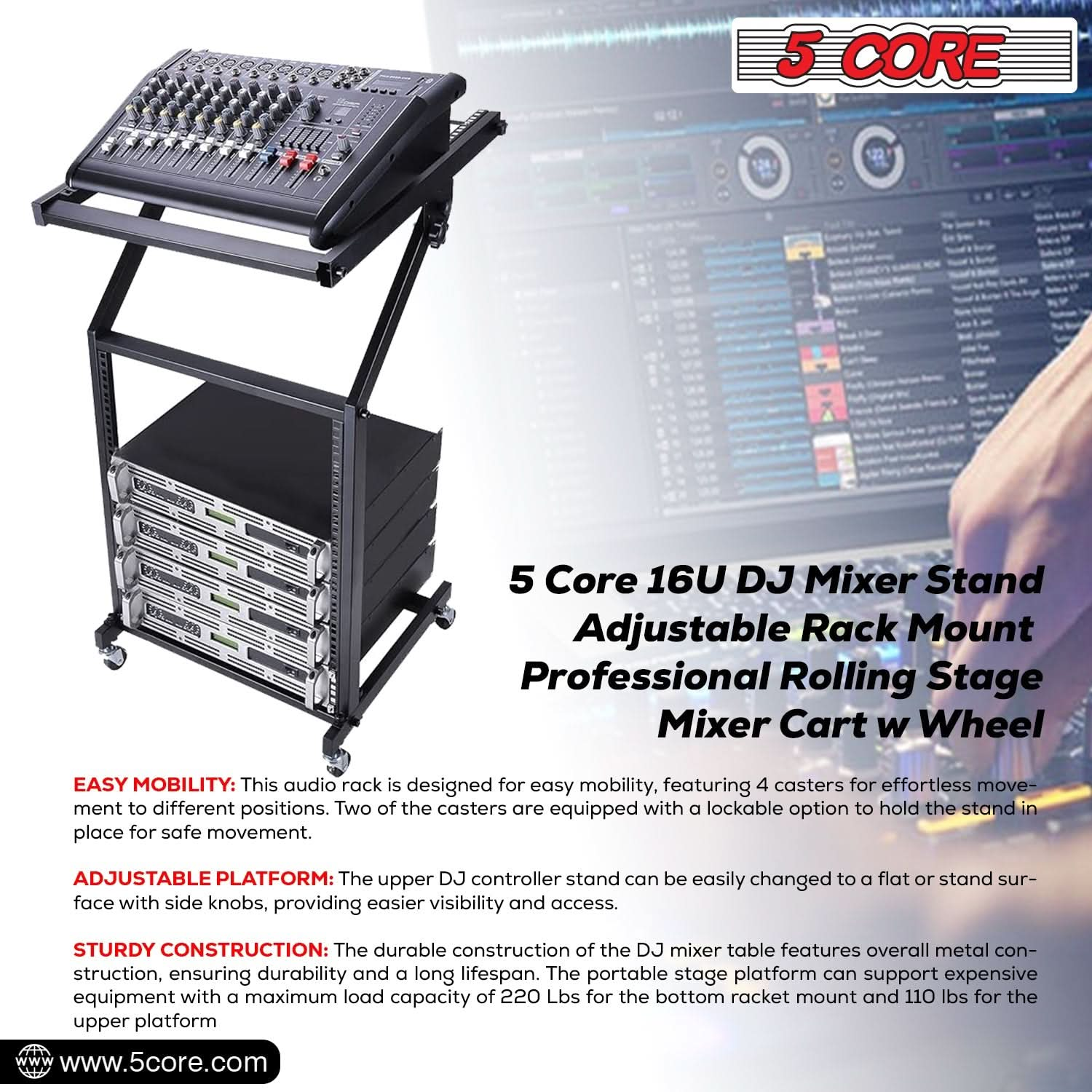 5Core DJ Mixer Stand 12U Adjustable Rack Mount Rolling Stage Cart Pro Audio Studio Equipment w Wheel