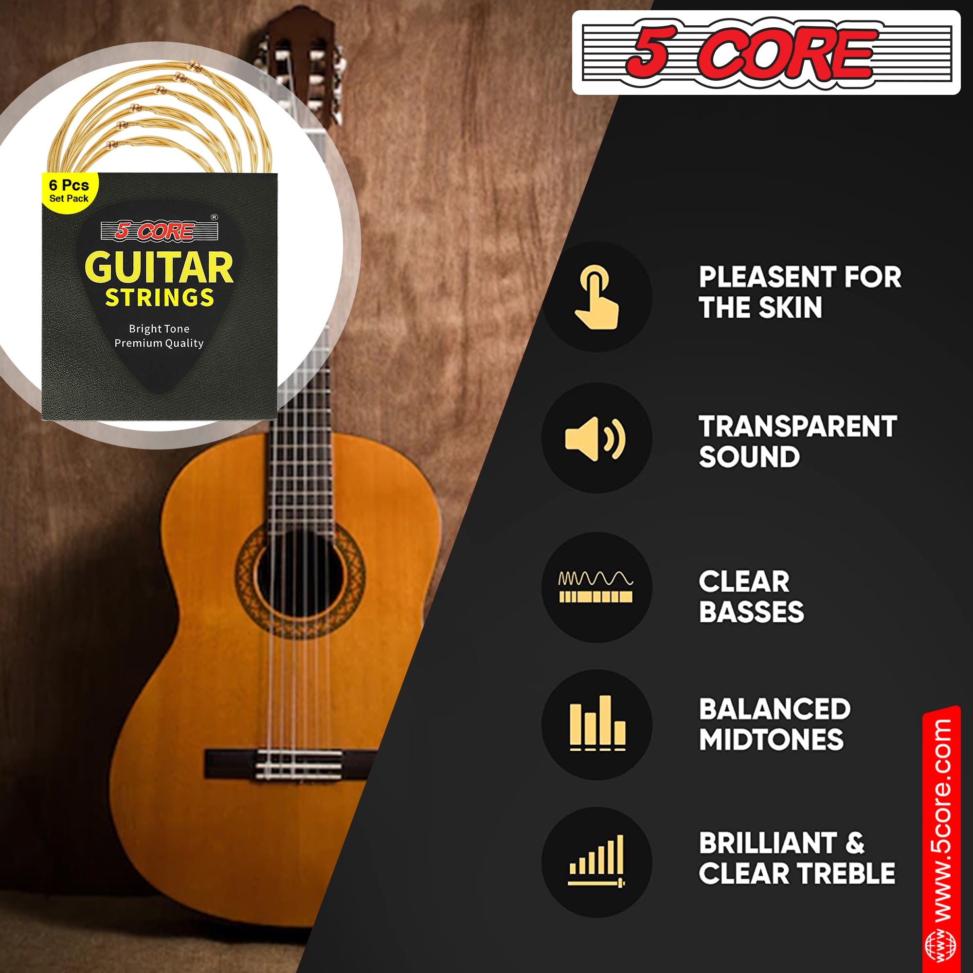 5Core Acoustic Guitar Strings 0.010-0.047 Steel Gauge w Deep Bright Tone for 6 String Guitars