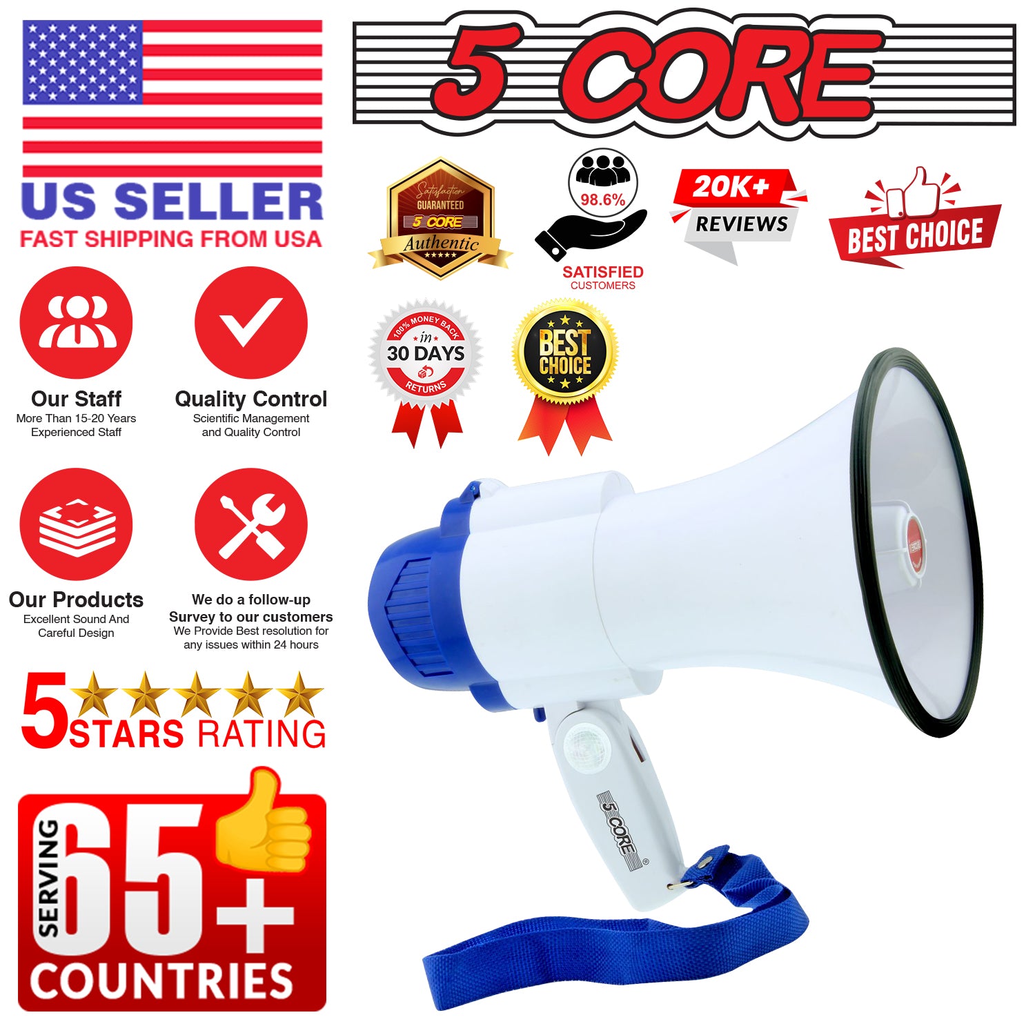 5 Core Megaphone Bull Horn 30W Loud Speaker 800 Yards Range Rechargeable Portable USB  Bullhorn w Recording Volume Control Siren Noise Maker for Kids and Adults for Cheerleading Football Safety Drills -8R-USB WOB