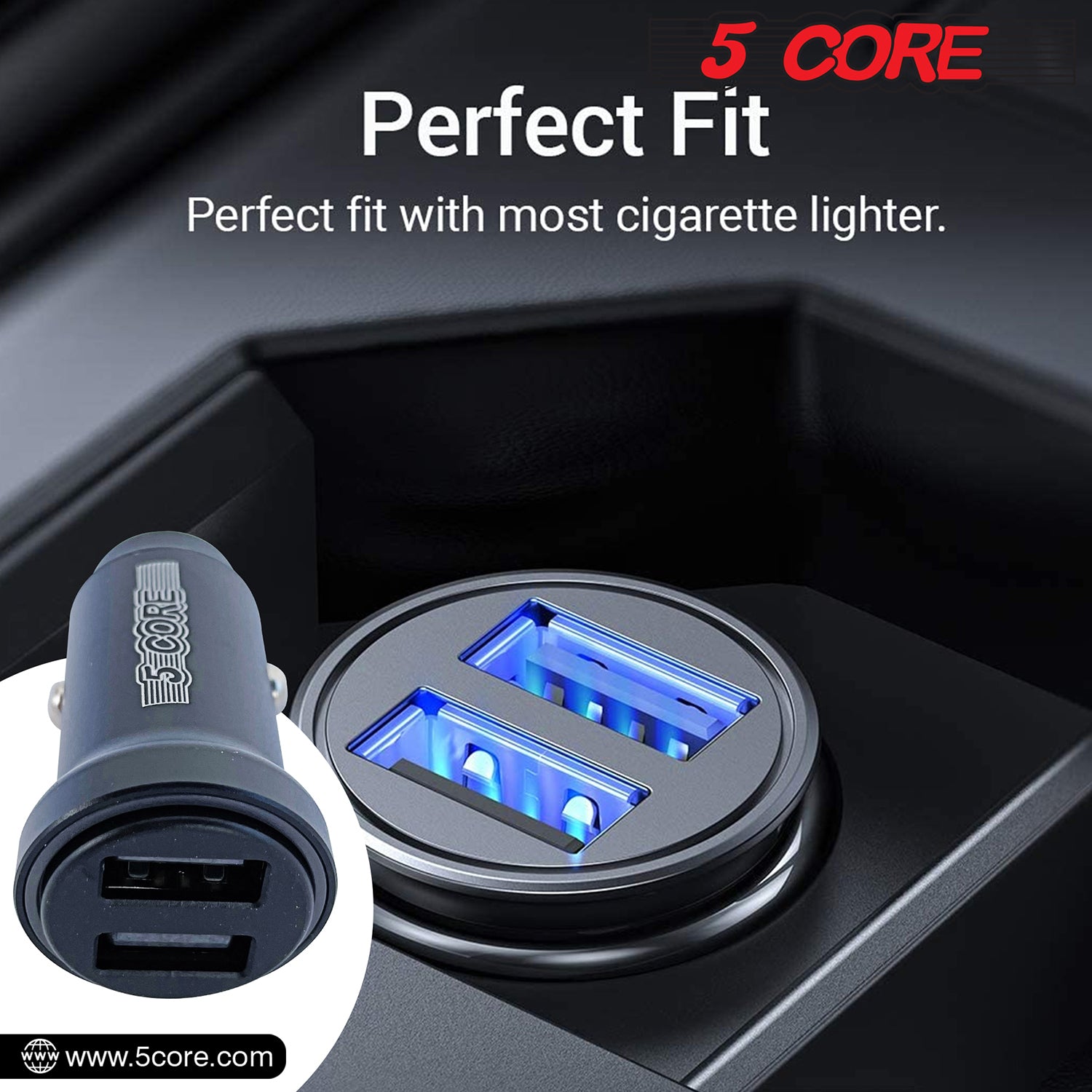 5Core USB Car Charger Cigarette Lighter Dual USB Port Adapter 12/24 V Fast Charging