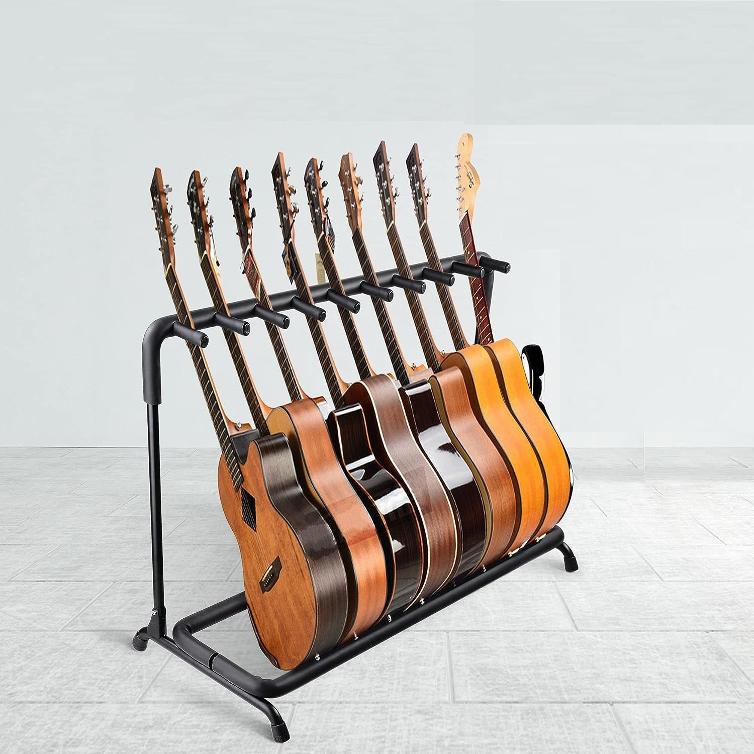 Guitar rack stand floor for electric acoustic bass guitars ideal for use in home, studio, and stage.