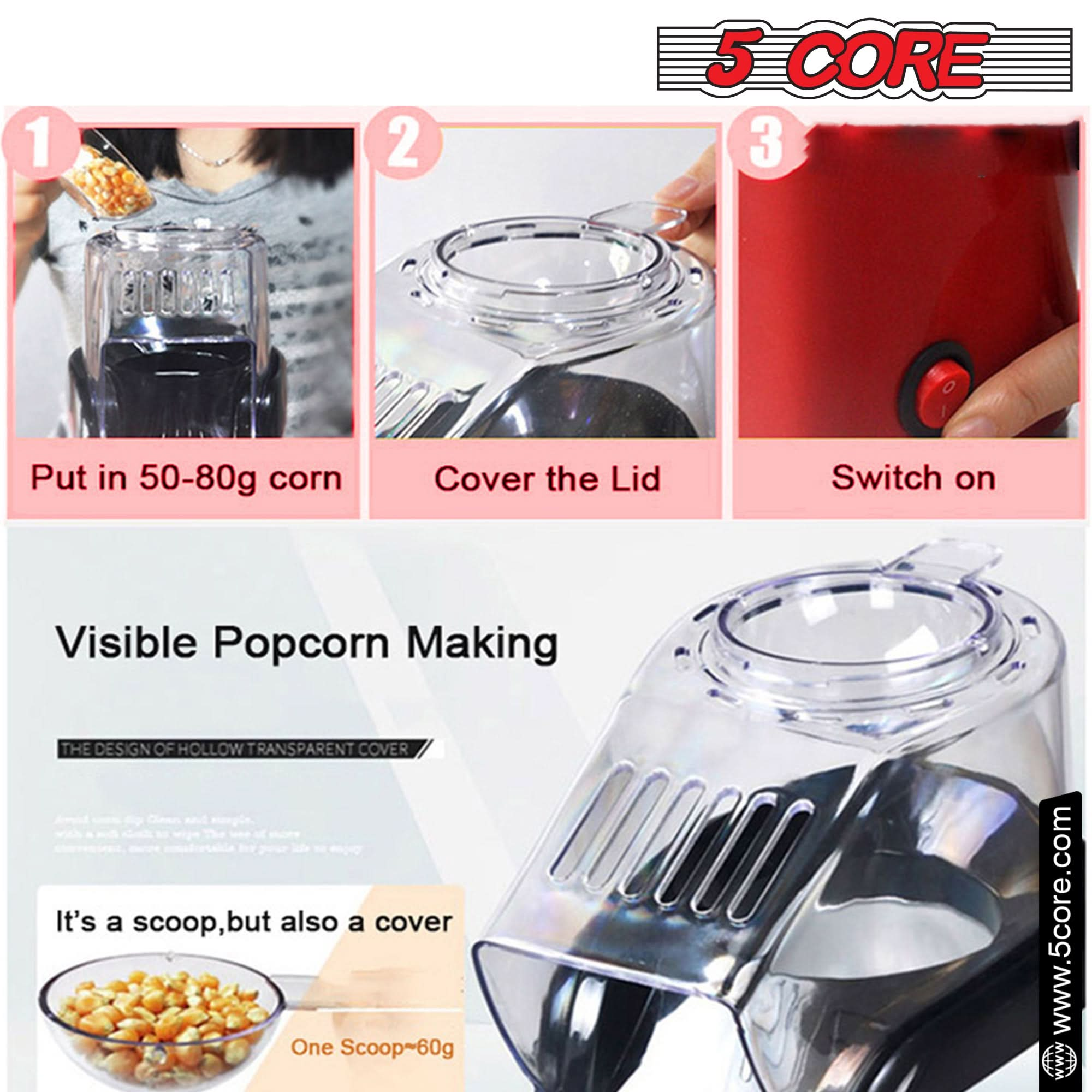 5Core Popcorn Machine 16 Cup Hot Air Popper Mini Portable Electric Pop Corn Maker RED