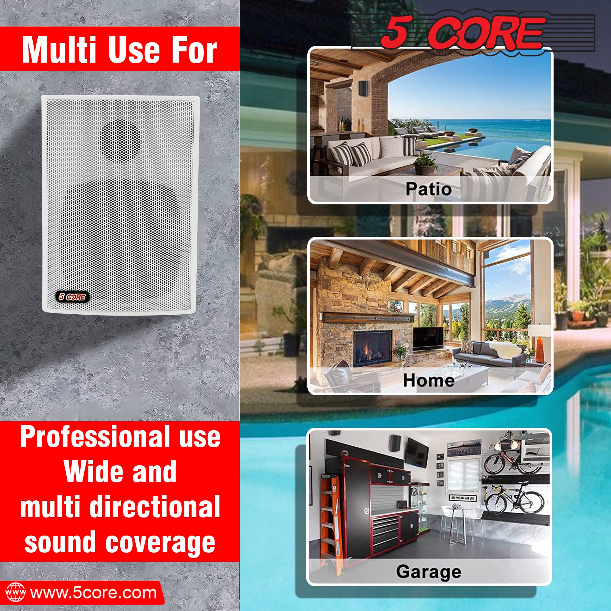 5 Core Wall Mount Speakers Outdoor 20W 1 Piece Stereo Wired Speaker White For Studio Patio Pool Home Office Commercial Places - 13T WH 1PK