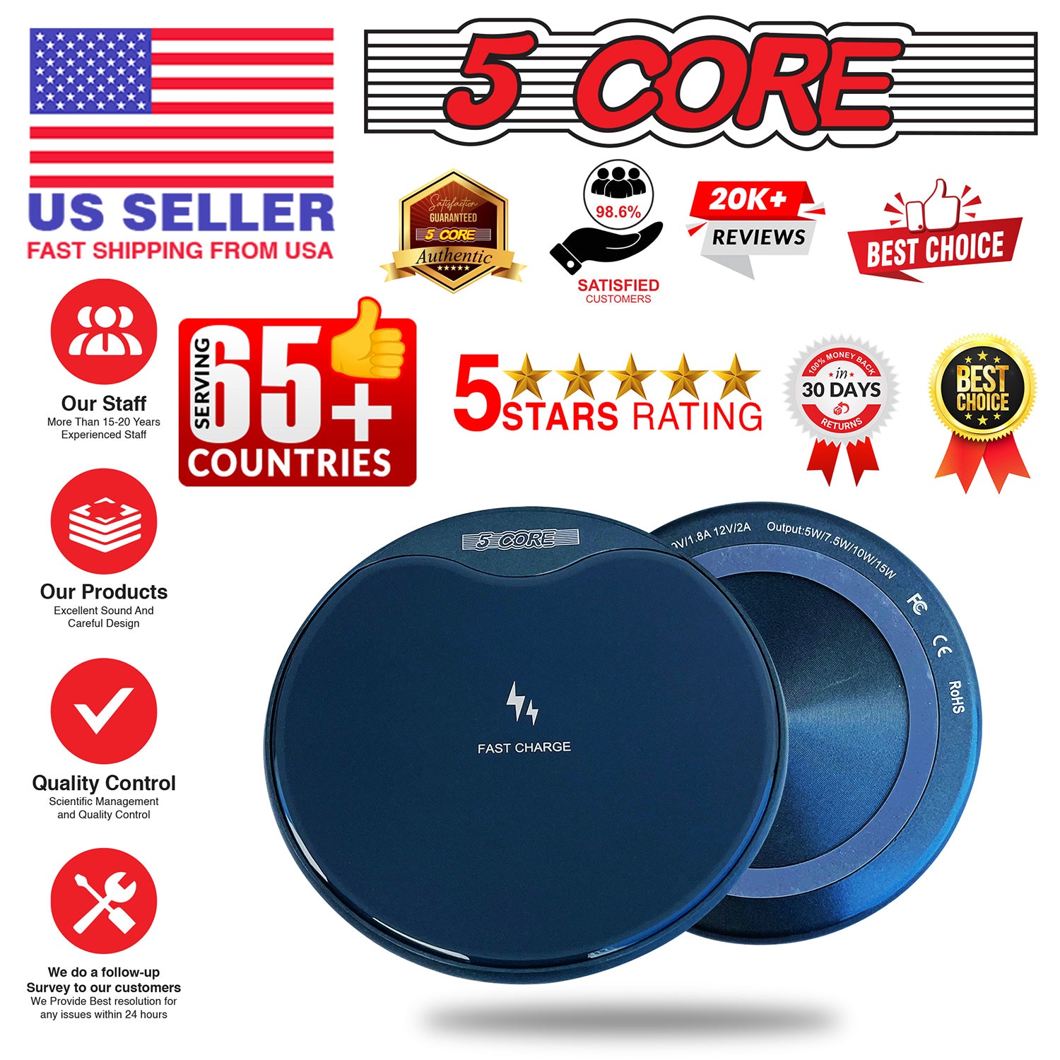 5 Core Wireless Charging Pad 15W Qi-Certified Fast Phone Charging Mat Cargador Inalámbrico