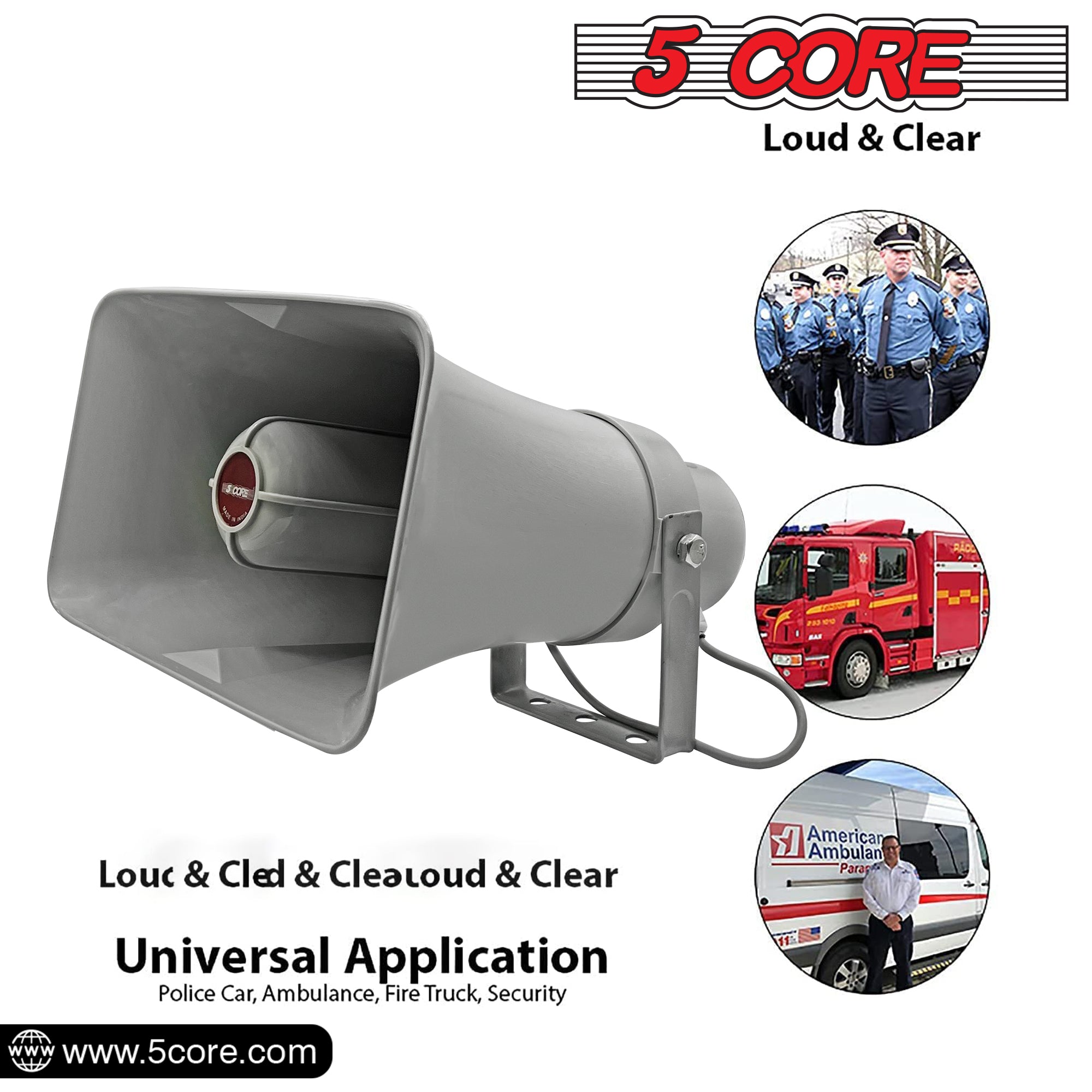 5 Core PA Horn Speaker • 6x10" Loudpeaker • 20W RMS 1000ft Range • Ambulance + Police + Fire Siren