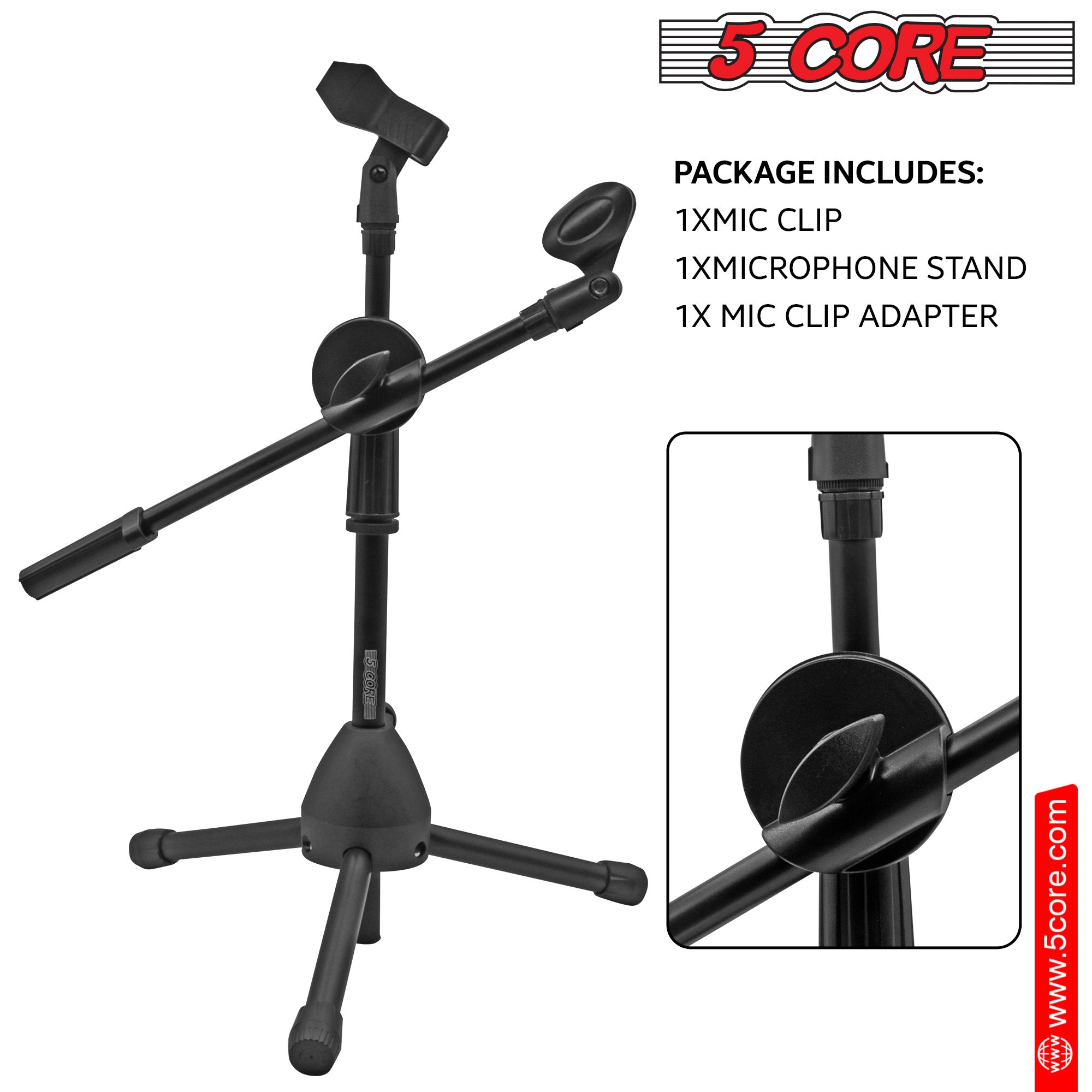 5 Core Short Microphone Stand with Boom Arm Height Adjustable Low Profile Mic Tripod Stand Mini Mic Holder360 Rotating with Dual Mic Clip - MS DBL S