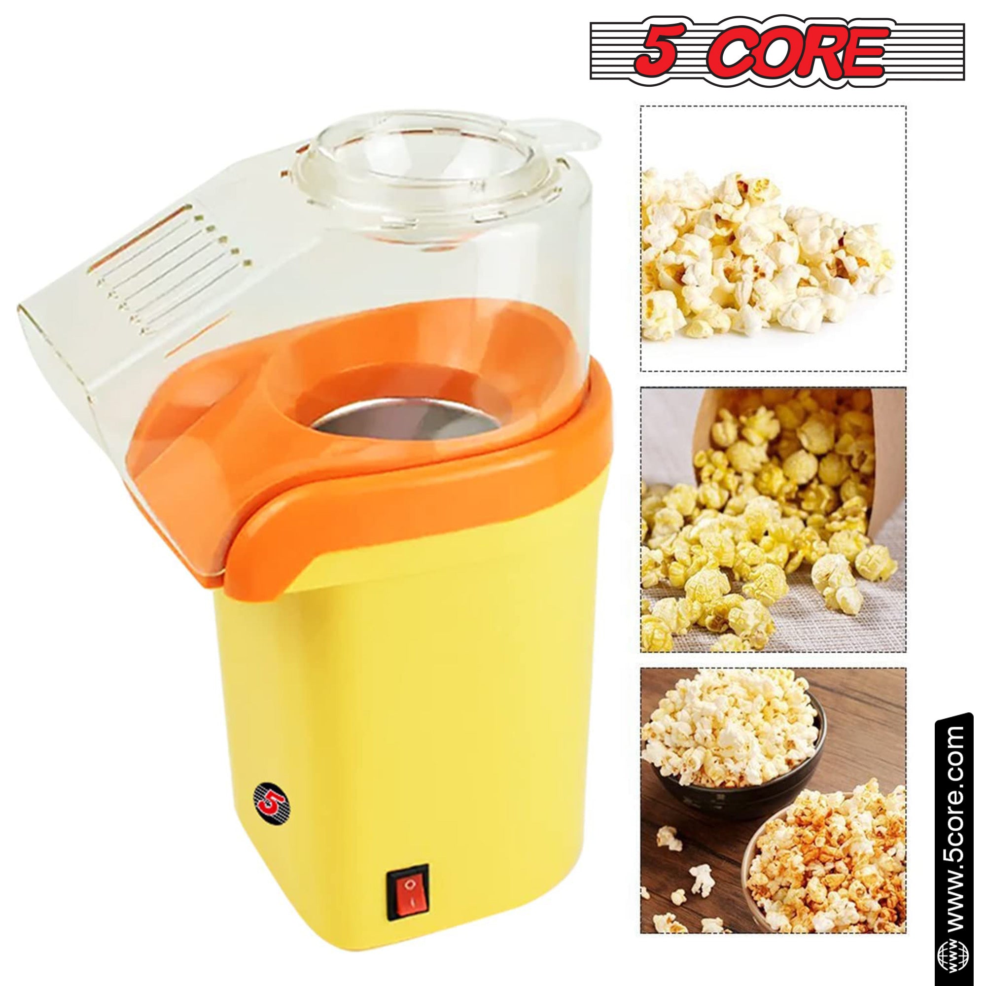 5 Core Popcorn Machine Yellow Capacity 16Cups Hot Air Popcorn Popper Maker Compact Pop Corn Machine